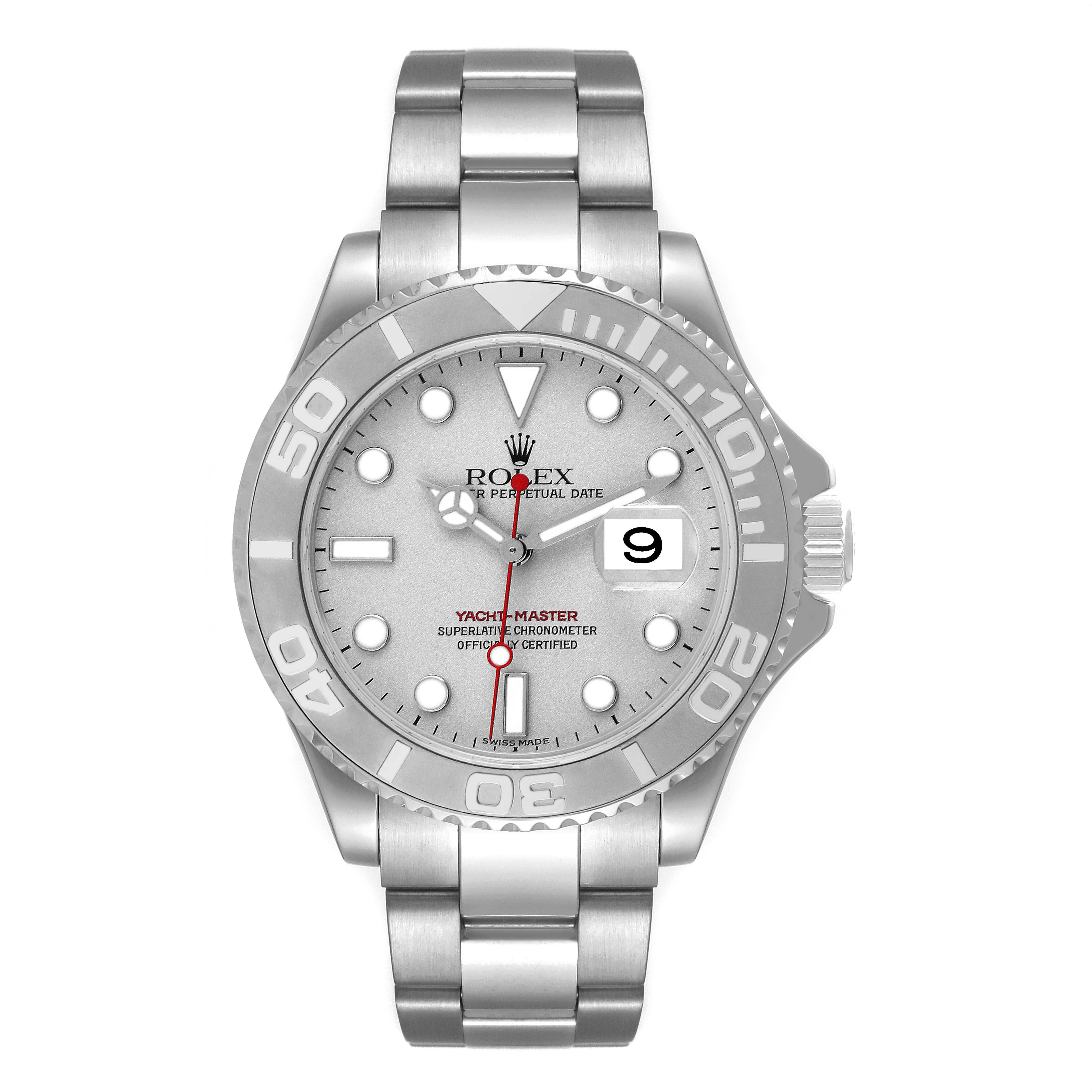 The image shows a front view of a Rolex Yacht-Master 16622 Men
s Stainless Steel Silver Dial 16622 Men
s Stainless Steel Silver Dial watch, highlighting the face, bezel, and metal bracelet.