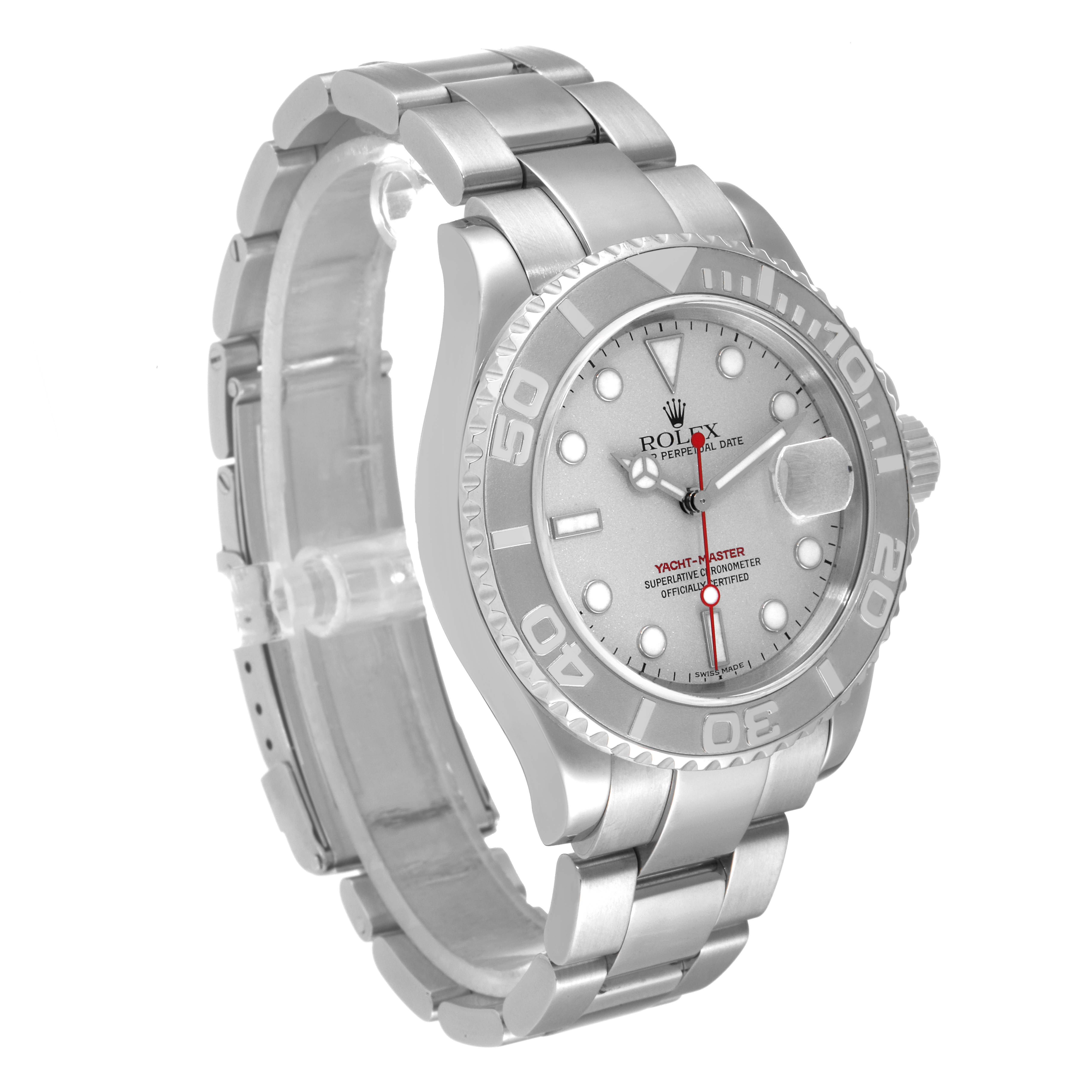 The Rolex Yacht-Master 16622 Men
s Stainless Steel Silver Dial 16622 Men
s Stainless Steel Silver Dial watch is shown at a slight angle, displaying the face, bezel, and bracelet.