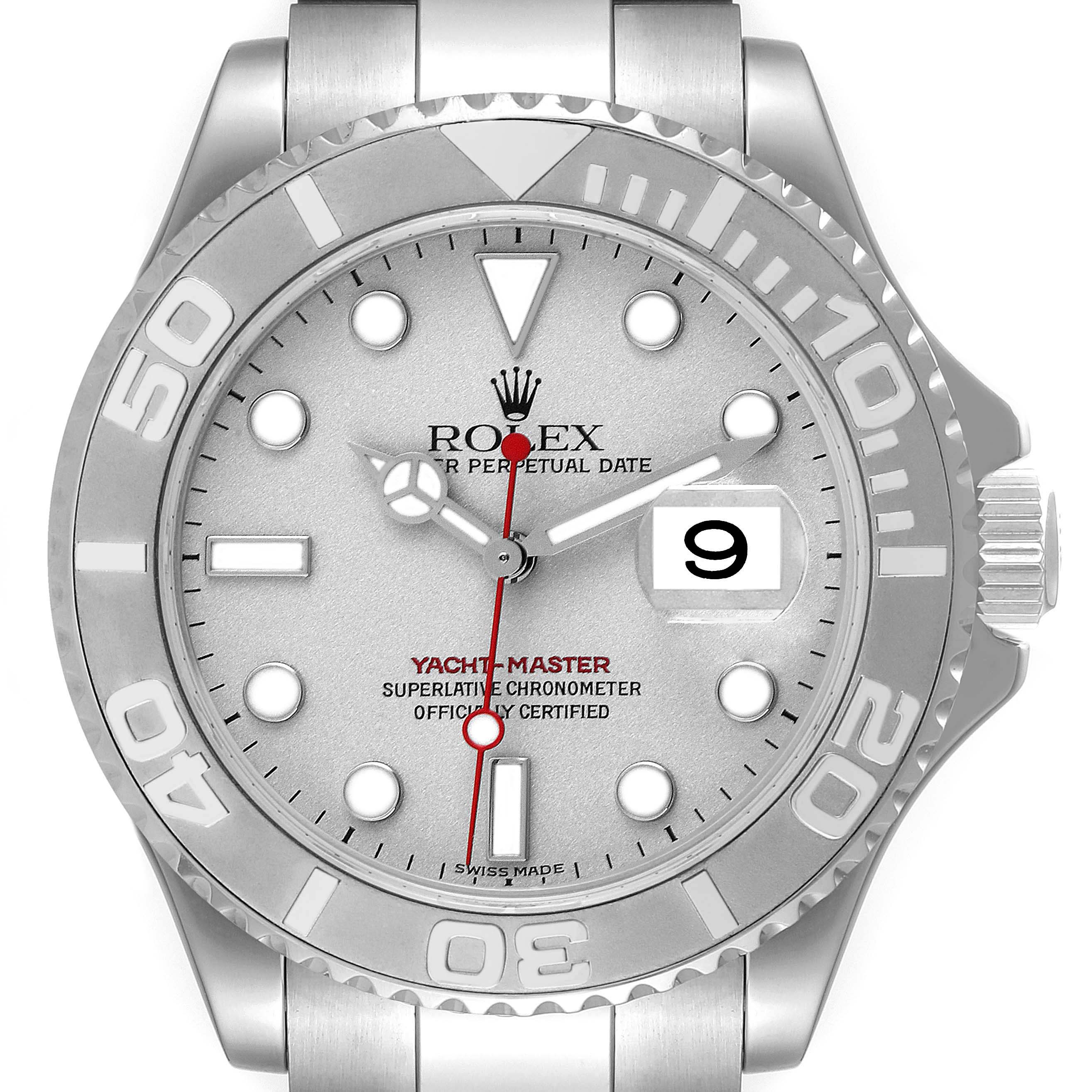 The image shows a front view of a Rolex Yacht-Master 16622 Men
s Stainless Steel Silver Dial 16622 Men
s Stainless Steel Silver Dial watch, displaying the dial, bezel, and part of the bracelet.