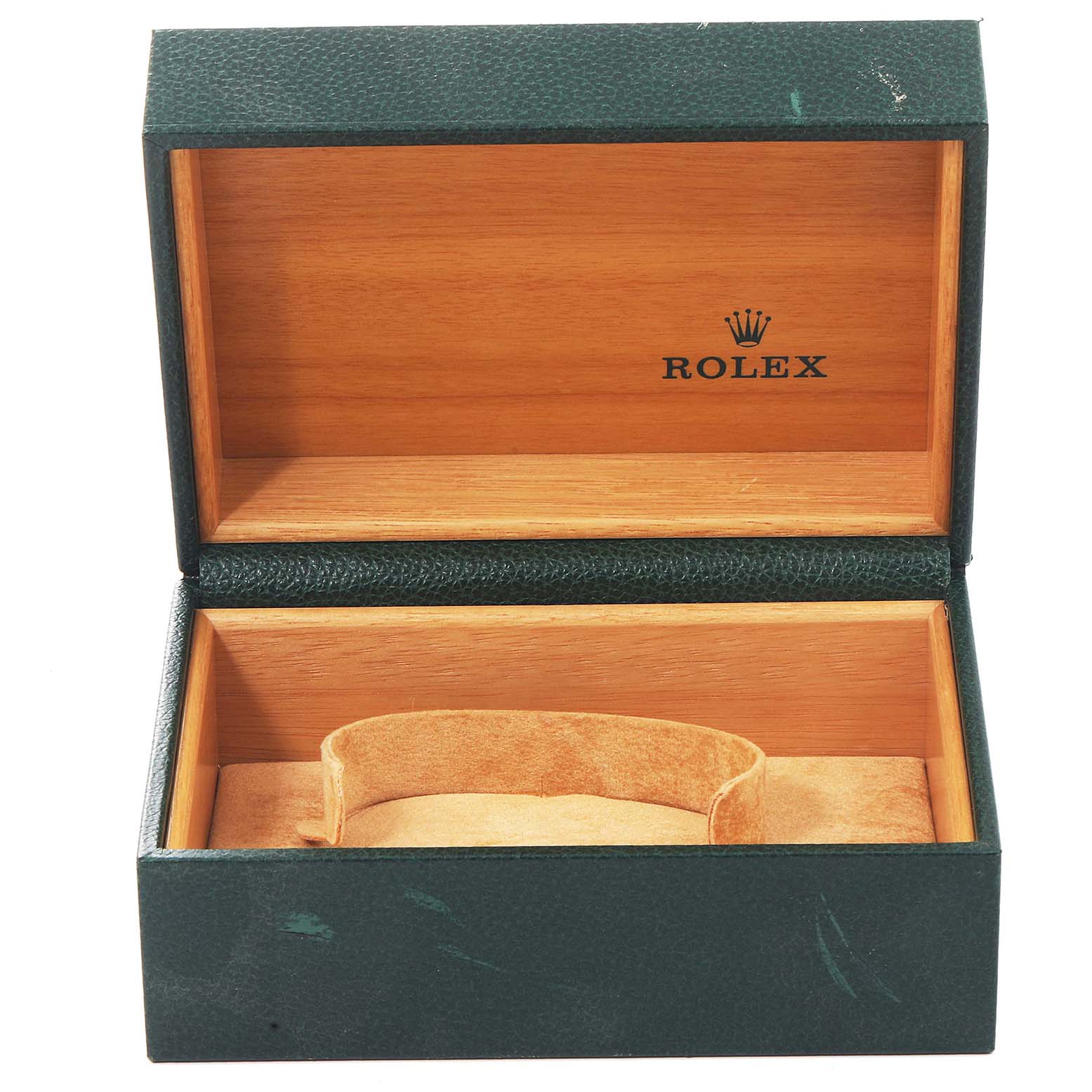 This image shows an empty Rolex Yacht-Master 16622 Men
s Stainless Steel Silver Dial 16622 Men
s Stainless Steel Silver Dial watch box, open, revealing the inner lining and cushion.