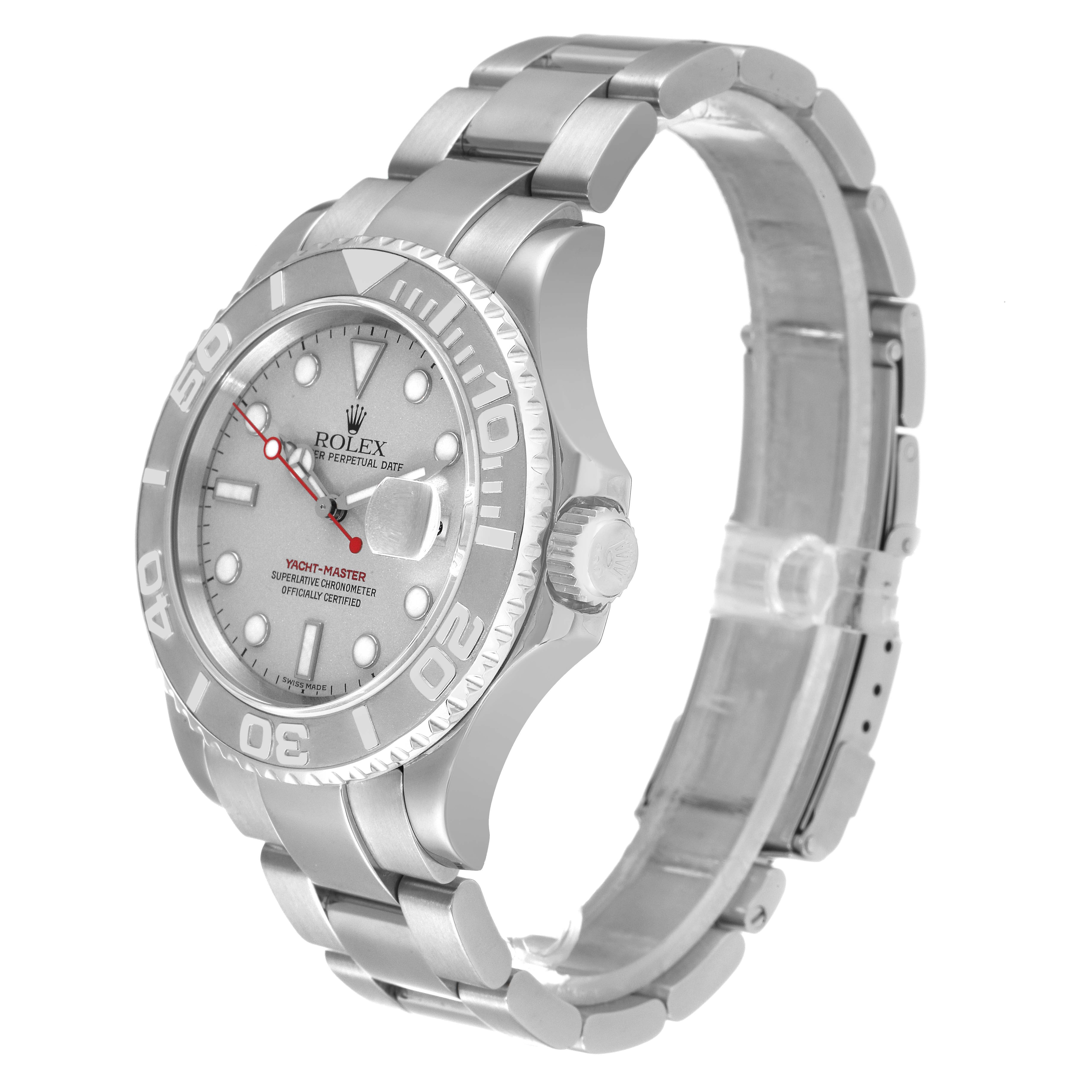 The image shows a Rolex Yacht-Master 16622 Men
s Stainless Steel Silver Dial 16622 Men
s Stainless Steel Silver Dial watch angled to display the face, bezel, crown, and part of the bracelet.