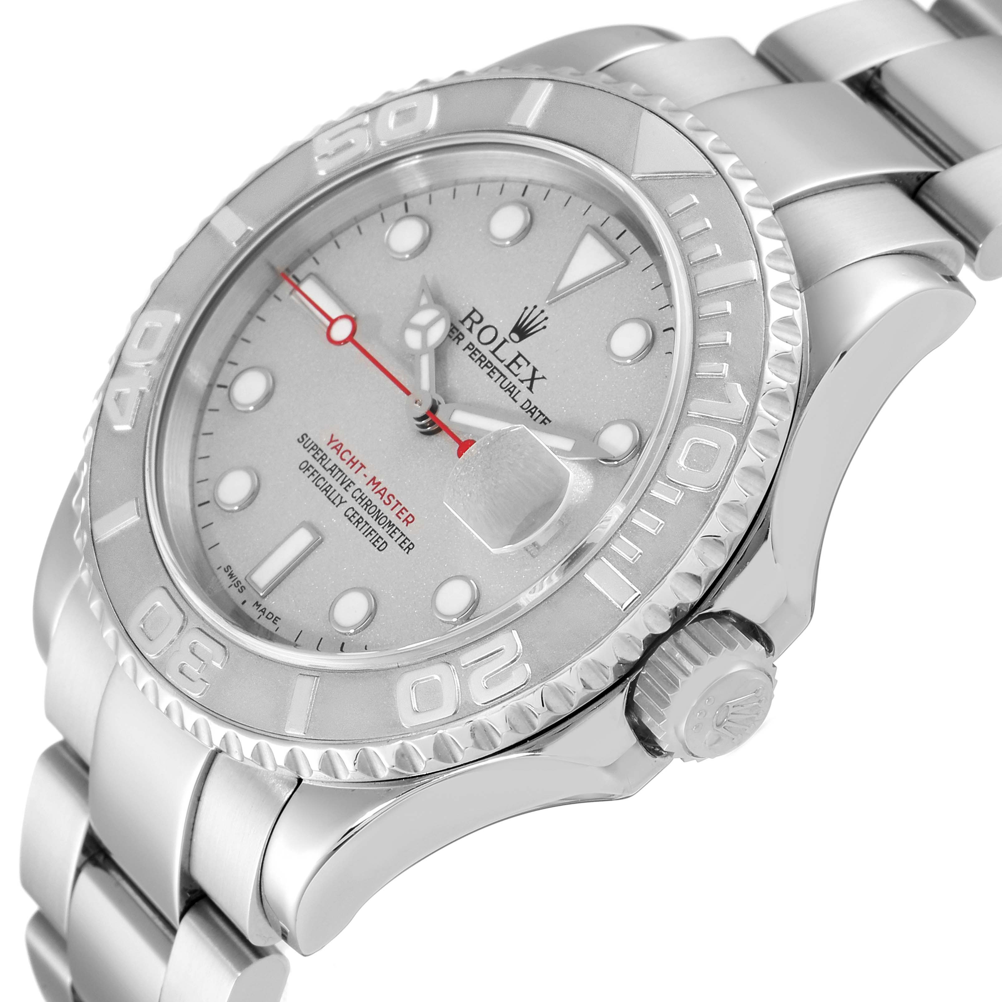 The image shows a close-up angle of the Rolex Yacht-Master 16622 Men
s Stainless Steel Silver Dial 16622 Men
s Stainless Steel Silver Dial watch, displaying its face, bezel, and bracelet.