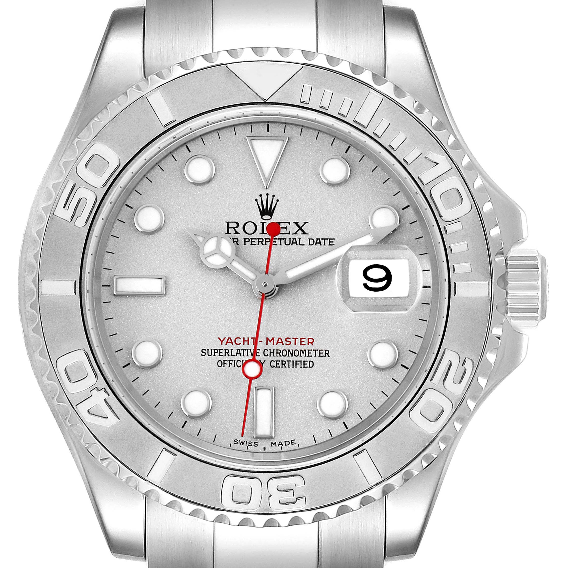 The image shows a frontal view of a Rolex Yacht-Master 16622 Men
s Stainless Steel Silver Dial 16622 Men
s Stainless Steel Silver Dial watch, highlighting the face, bezel, crown, and part of the band.