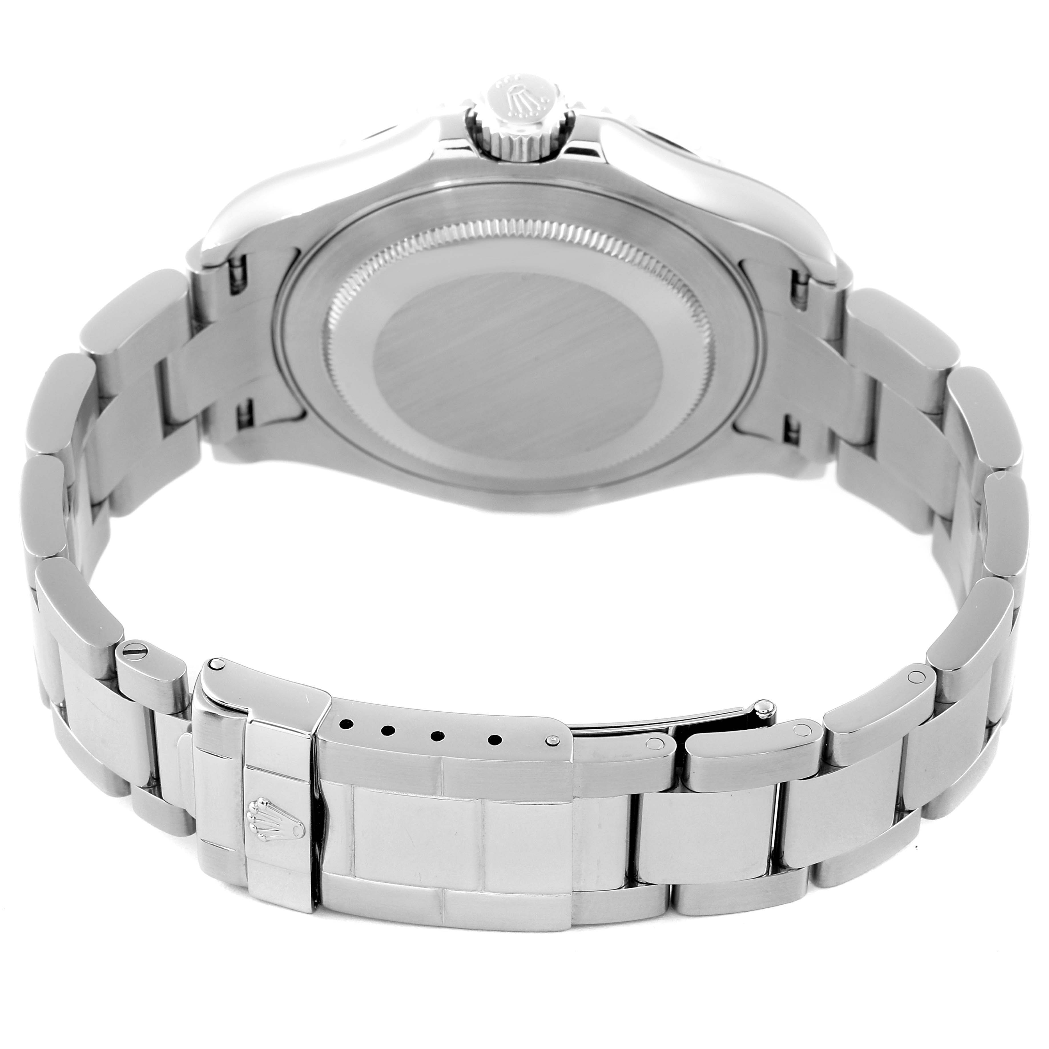 The image shows the back and bracelet of a Rolex Yacht-Master 16622 Men
s Stainless Steel Silver Dial 16622 Men
s Stainless Steel Silver Dial watch from a rear angle.