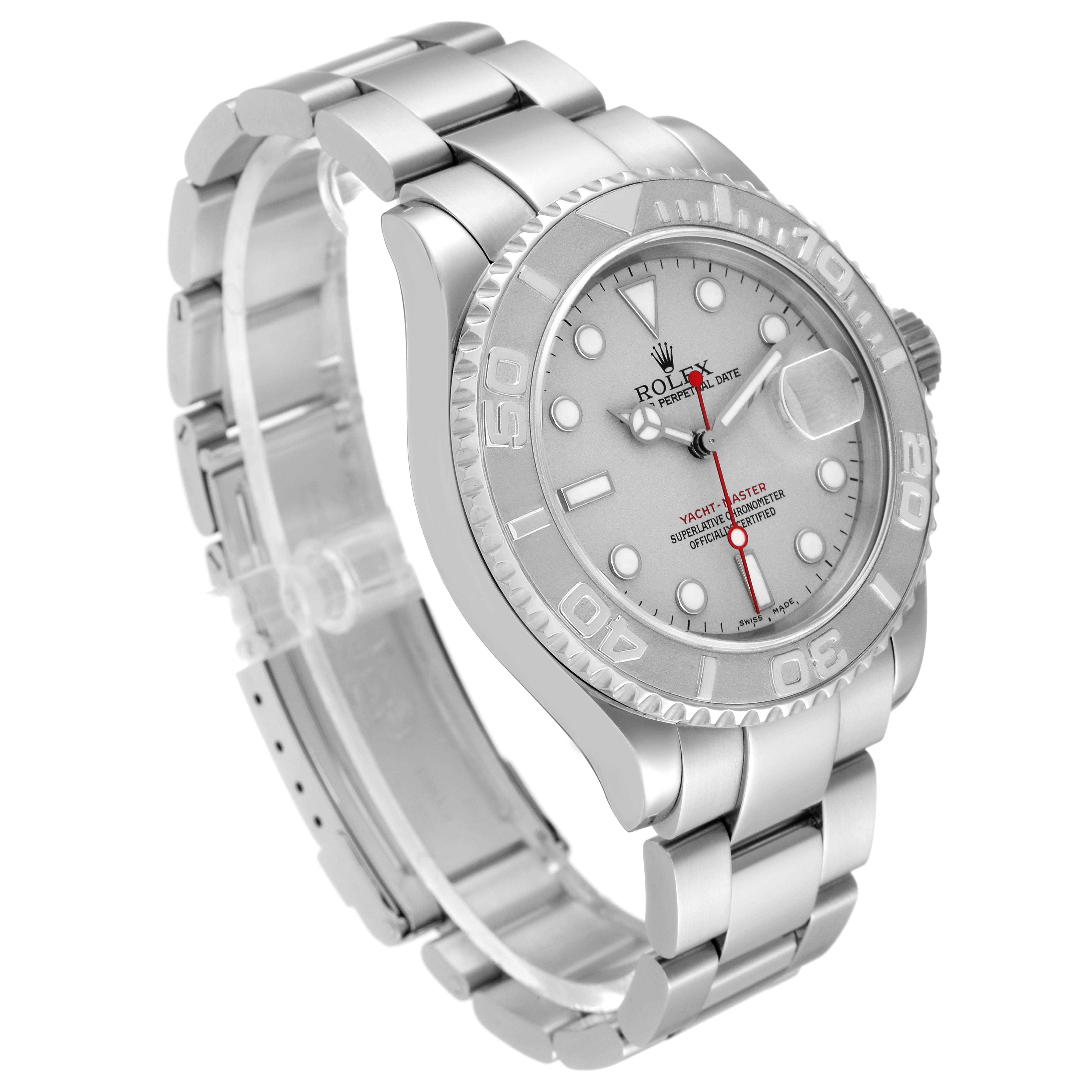 The Rolex Yacht-Master 16622 Men
s Stainless Steel Silver Dial 16622 Men
s Stainless Steel Silver Dial watch is shown at a three-quarter angle, highlighting its face, bezel, and metal bracelet.