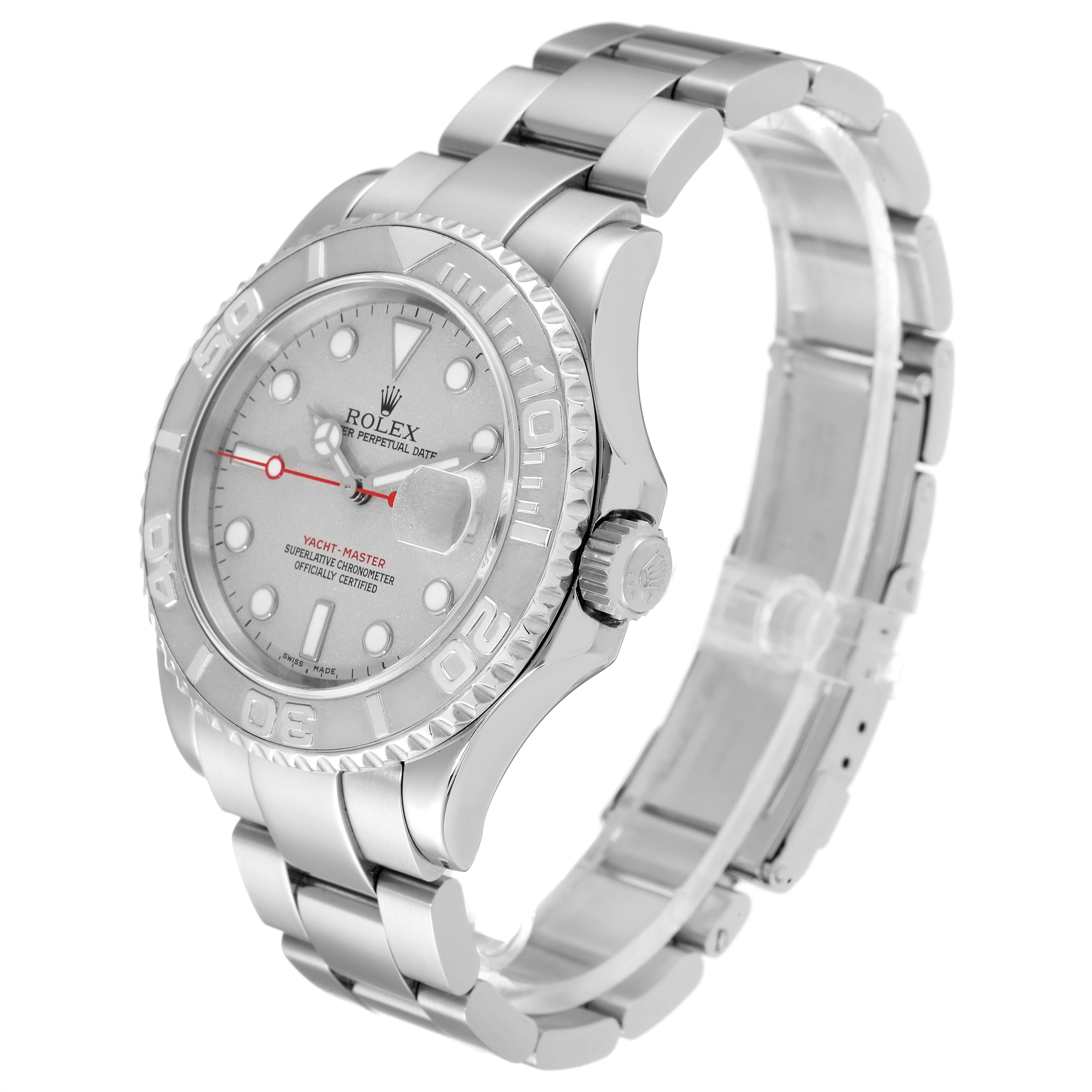 The image shows a Rolex Yacht-Master 16622 Men
s Stainless Steel Silver Dial 16622 Men
s Stainless Steel Silver Dial watch at a three-quarter angle, showcasing the dial, bezel, and bracelet.