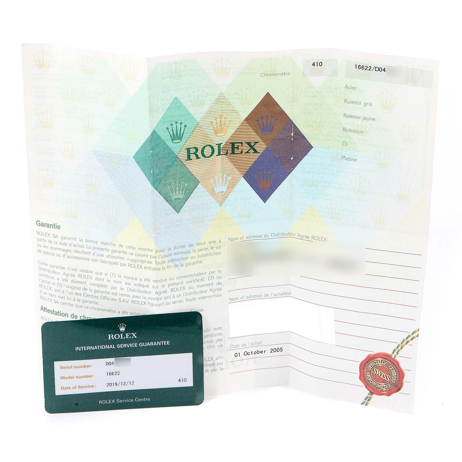 The image shows official documents for a Rolex Yacht-Master 16622 Men
s Stainless Steel Silver Dial 16622 Men
s Stainless Steel Silver Dial watch, including a guarantee card and service record.