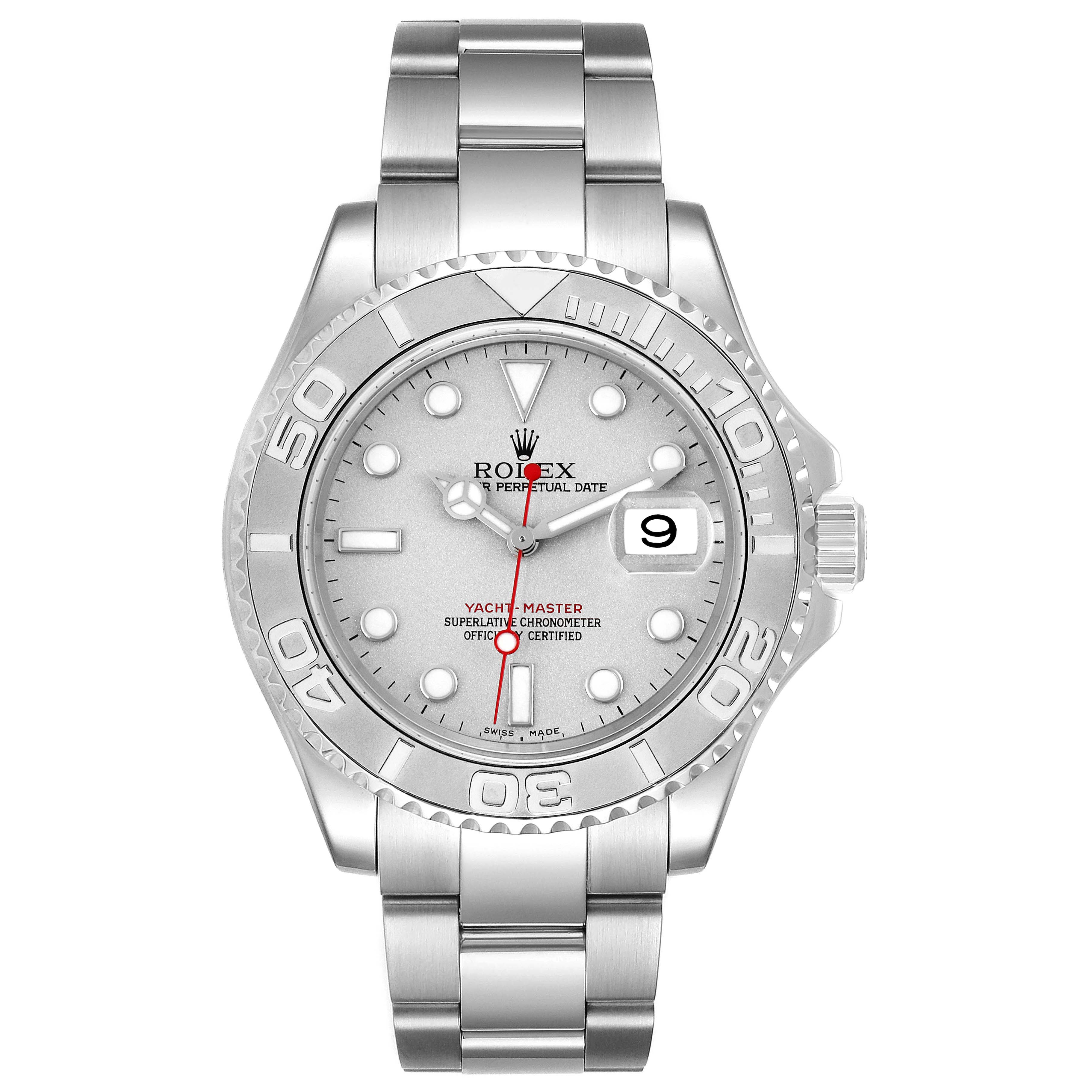 The image shows a front view of the Rolex Yacht-Master 16622 Men
s Stainless Steel Silver Dial 16622 Men
s Stainless Steel Silver Dial watch, displaying its face, bezel, bracelet, and date window.