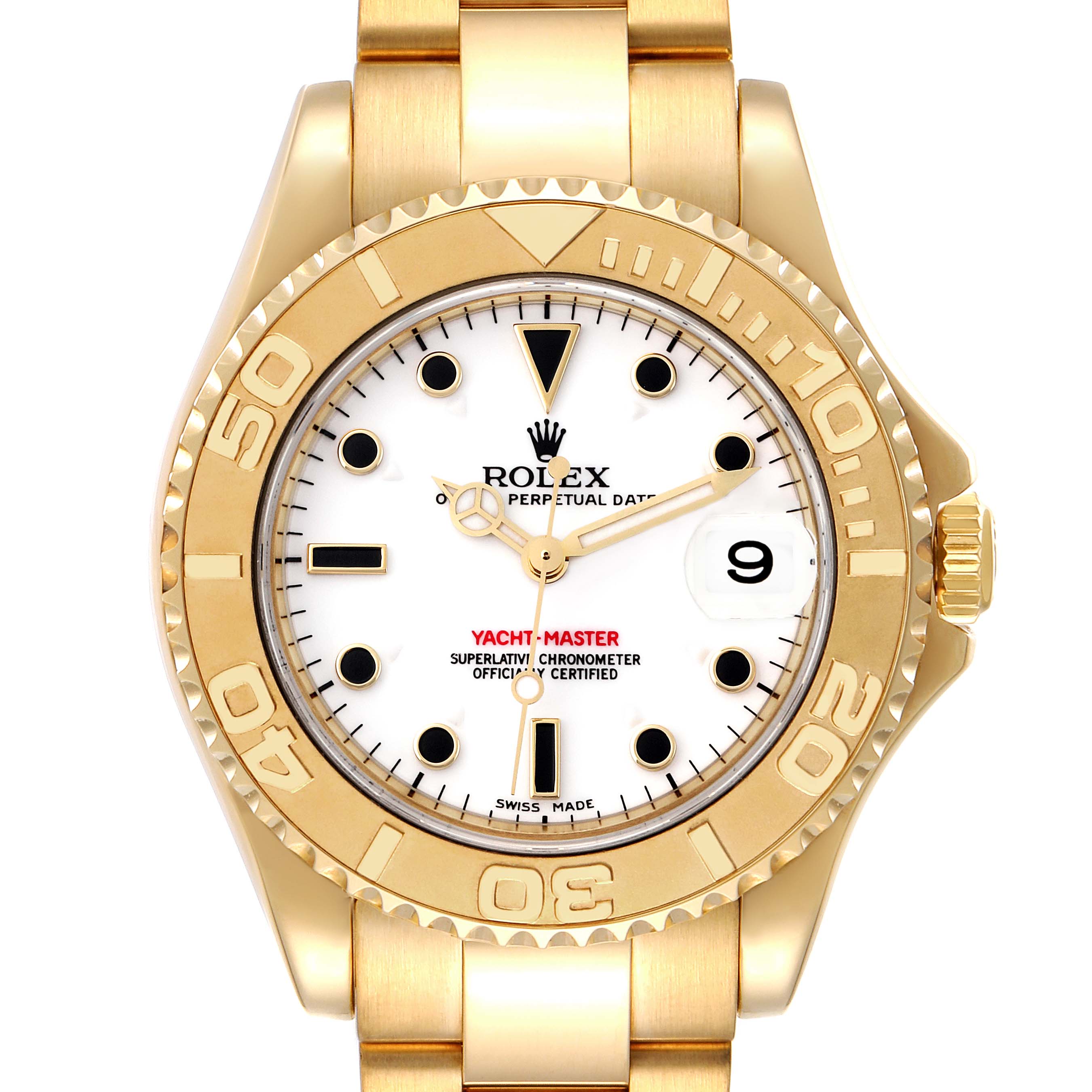 This image shows a frontal view of the Rolex Yacht-Master 168628 Men
s Yellow Gold White Dial 168628 Men
s Yellow Gold White Dial watch, highlighting its dial, bezel, and part of the bracelet.