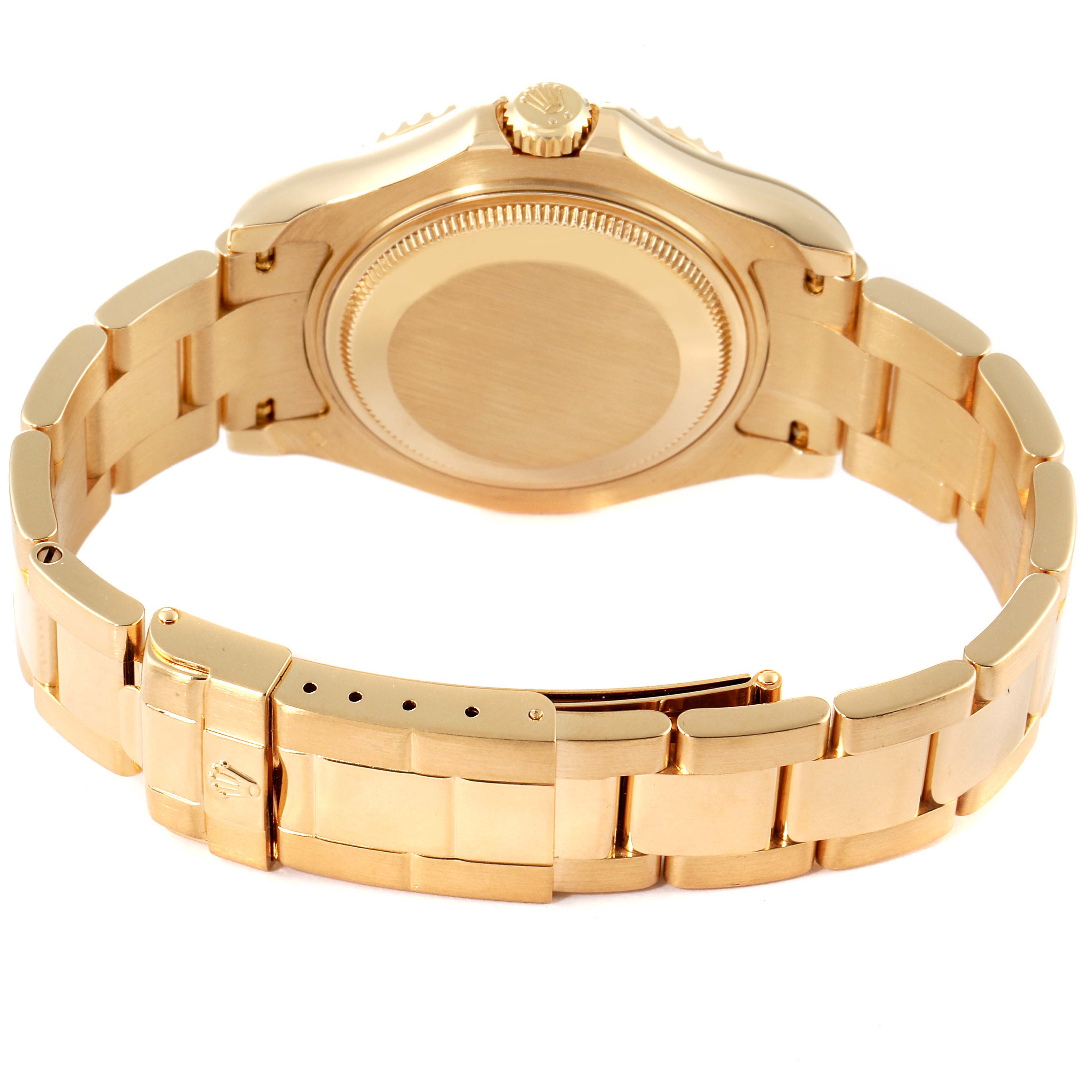 This image shows the back and bracelet of a gold Rolex Yacht-Master 168628 Men
s Yellow Gold White Dial 168628 Men
s Yellow Gold White Dial watch from a rear angle.