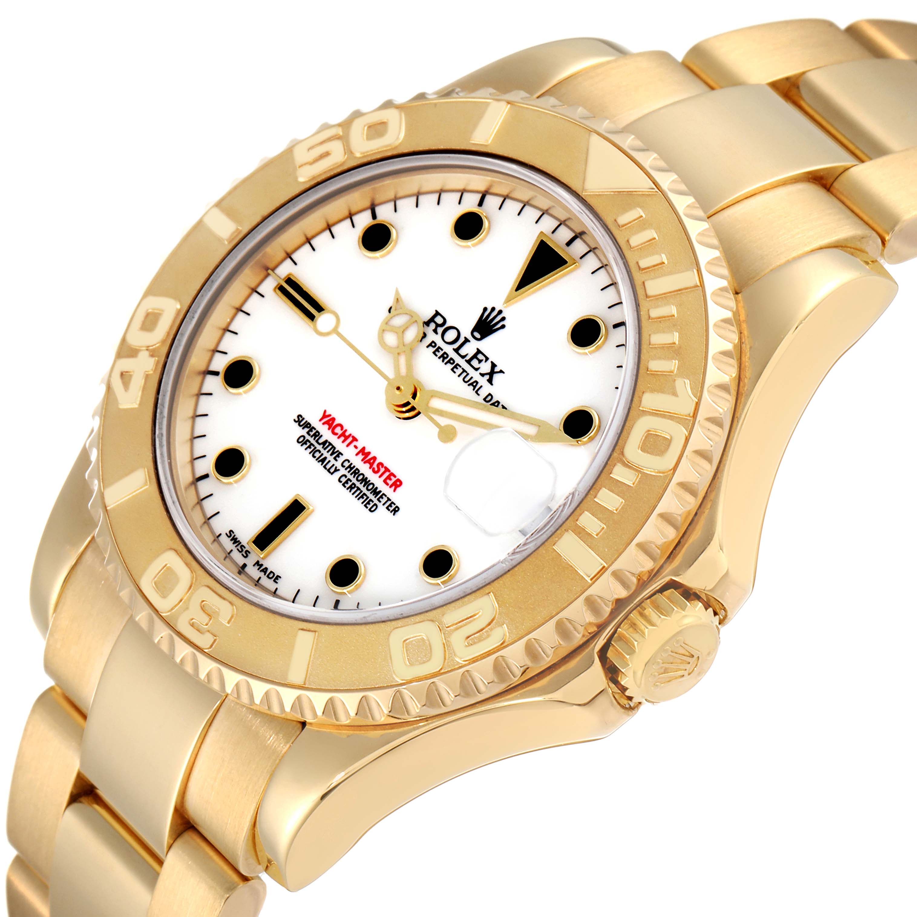 The image shows a close-up, angled view of the Rolex Yacht-Master 168628 Men
s Yellow Gold White Dial 168628 Men
s Yellow Gold White Dial watch, highlighting the dial, bezel, crown, and bracelet.