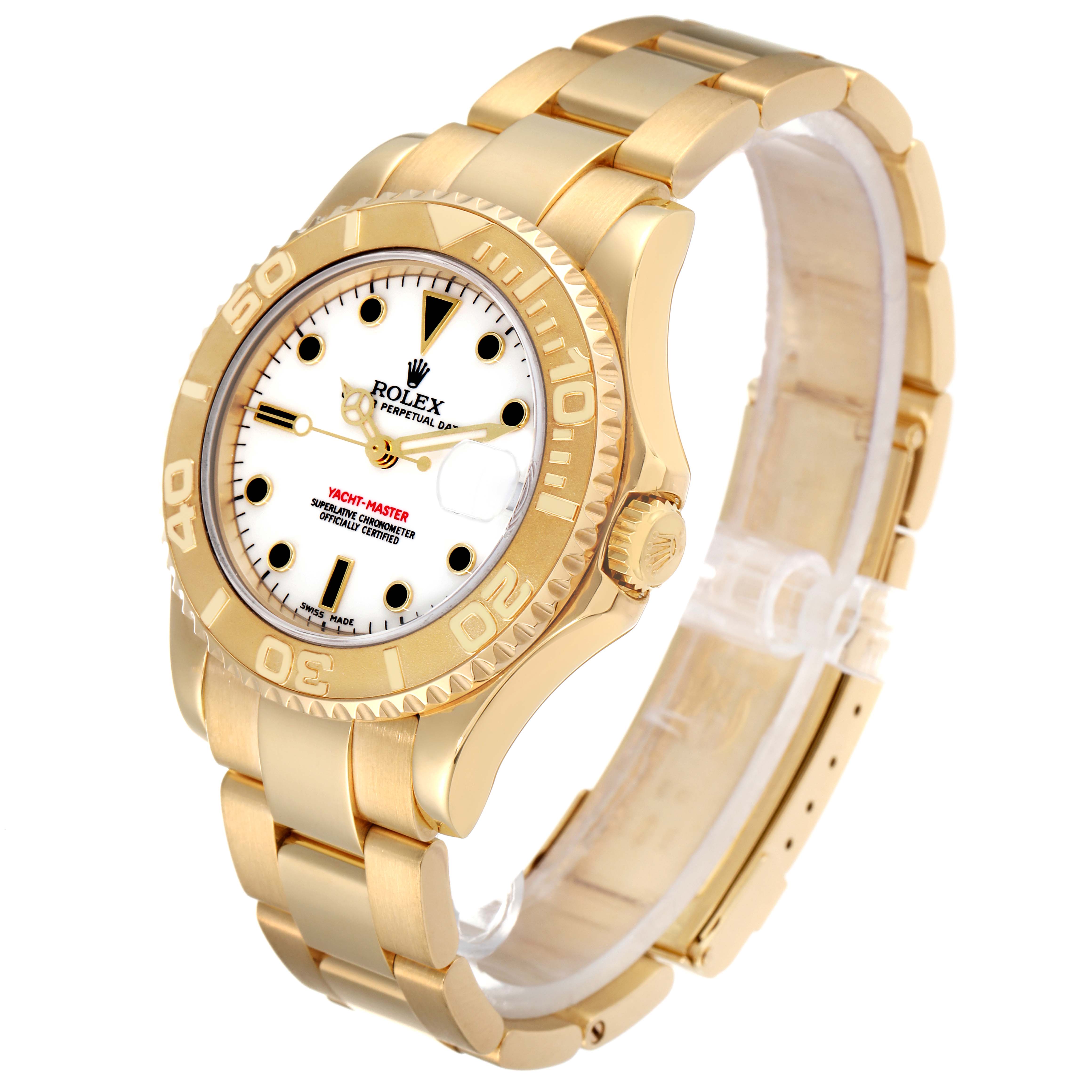 The Rolex Yacht-Master 168628 Men
s Yellow Gold White Dial 168628 Men
s Yellow Gold White Dial watch is shown at an angle highlighting its bezel, crown, face, and gold bracelet.