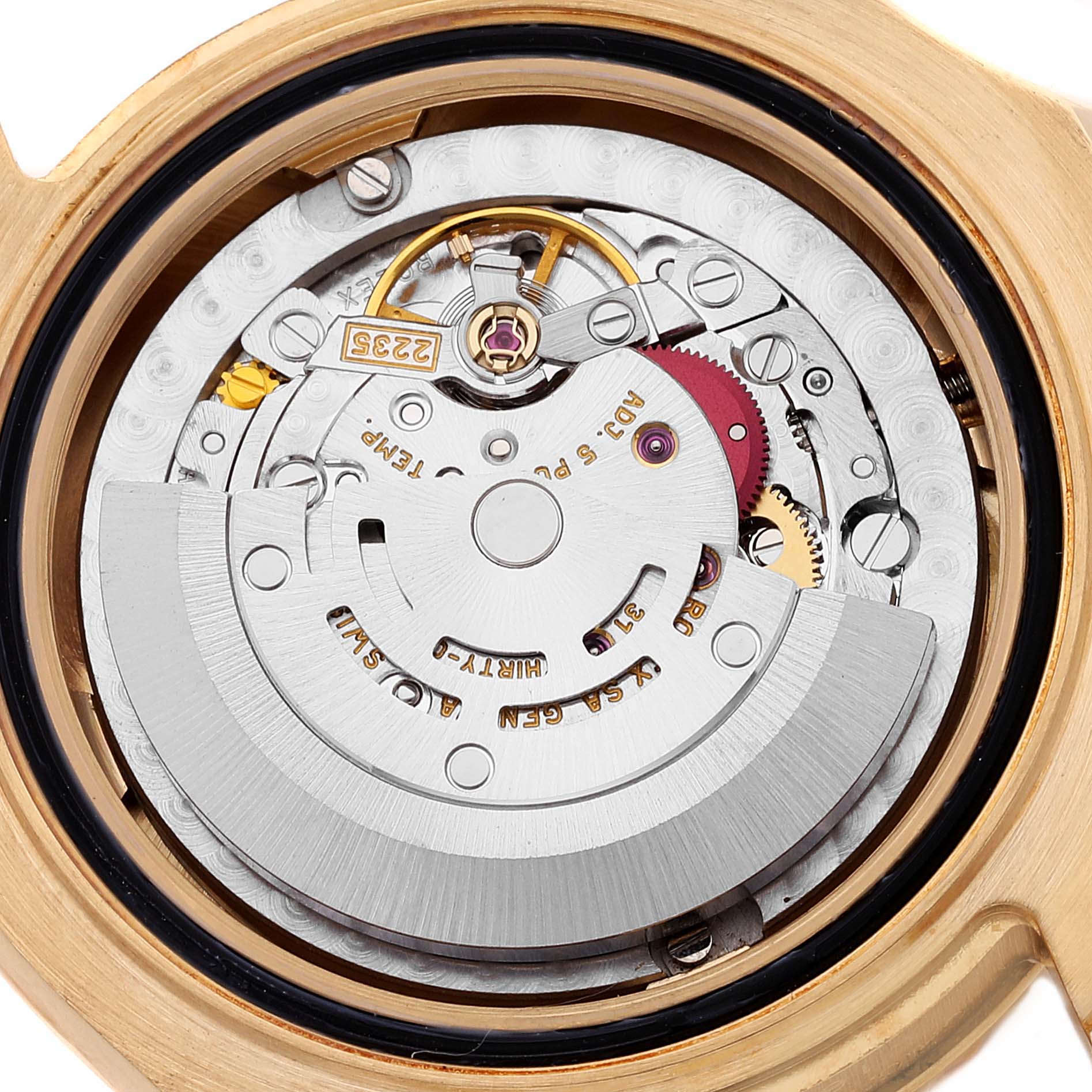 This image shows the internal movement and mechanism of a Rolex Yacht-Master 168628 Men
s Yellow Gold White Dial 168628 Men
s Yellow Gold White Dial watch from a top-down angle.