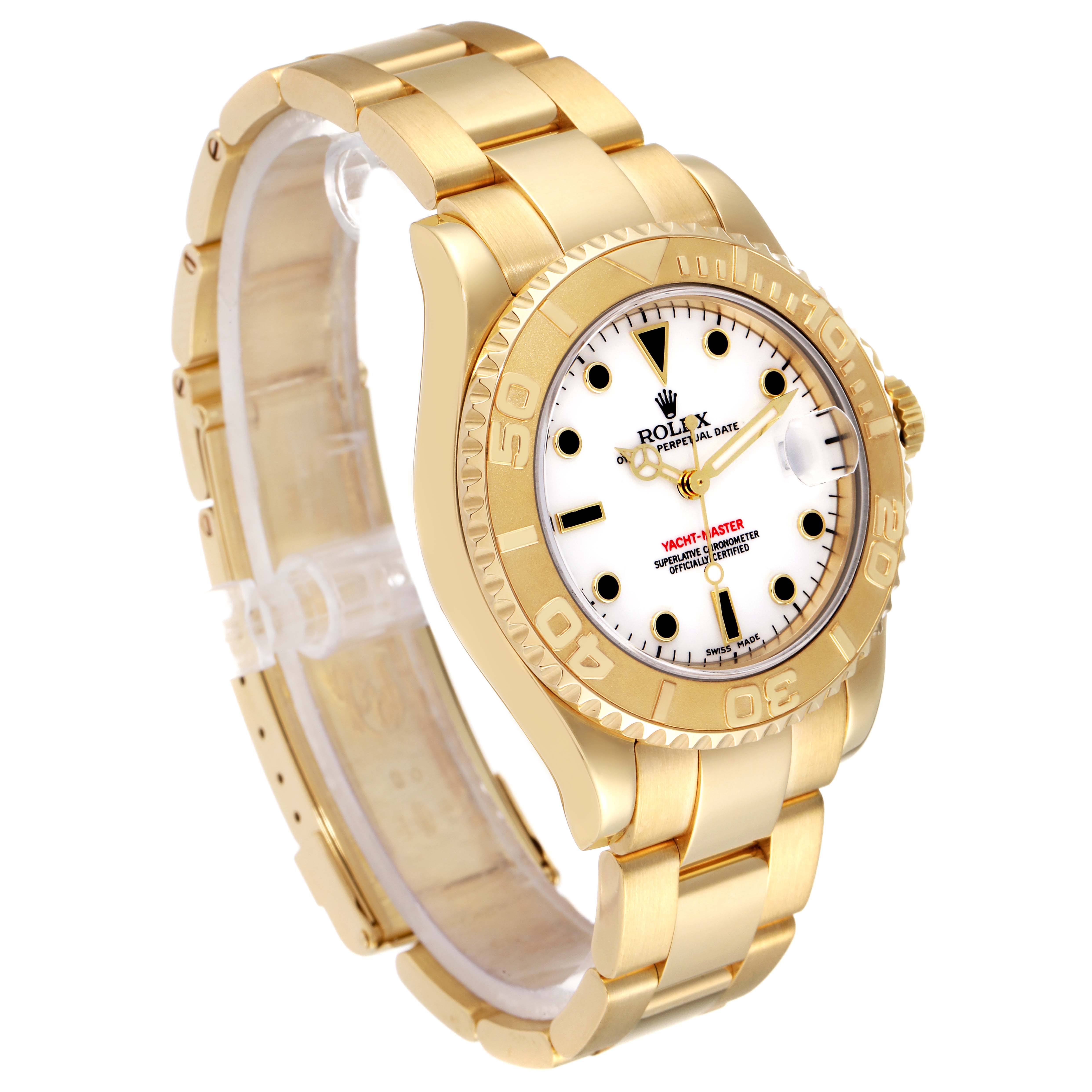The Rolex Yacht-Master 168628 Men
s Yellow Gold White Dial 168628 Men
s Yellow Gold White Dial watch is shown at a slight left-side angle, displaying the face, bezel, and bracelet.