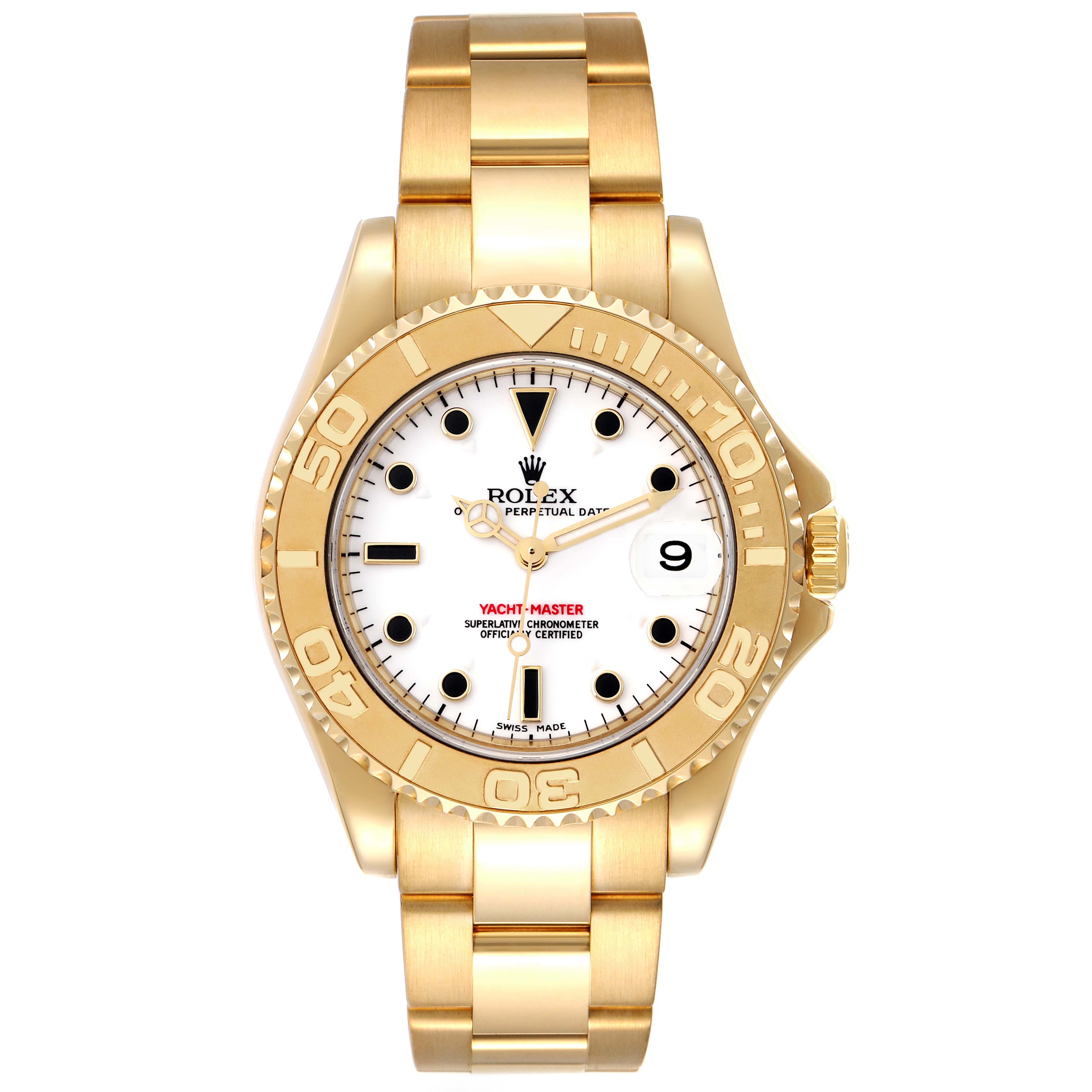 The image shows a front view of a Rolex Yacht-Master 168628 Men
s Yellow Gold White Dial 168628 Men
s Yellow Gold White Dial watch, highlighting its gold bracelet, bezel, and white dial.