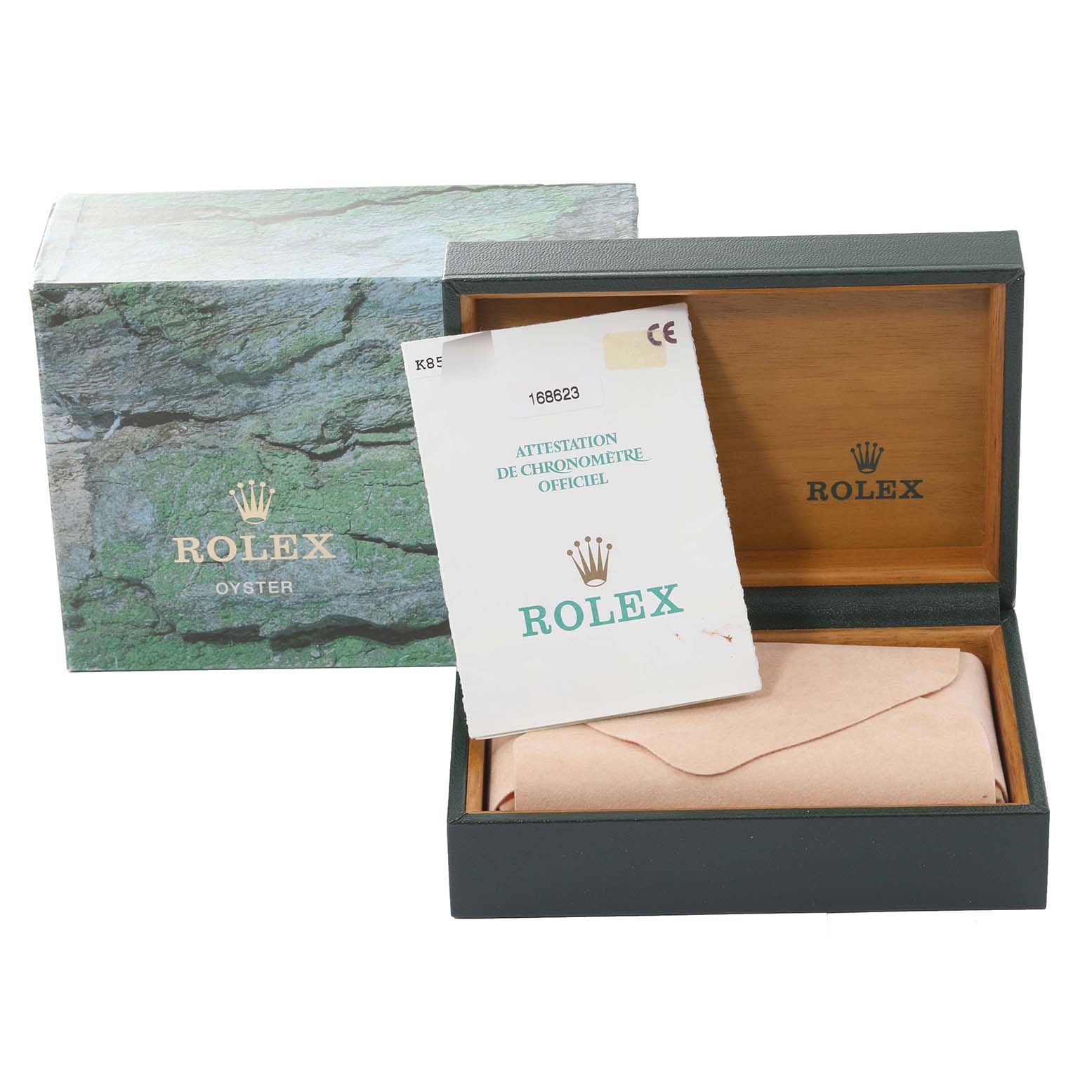 The image shows the Rolex Yacht-Master 168623 Men's Steel and Gold (two tone) White Dial 168623 Men's Steel and Gold (two tone) White Dial watch box, an official chronometer certification, and a watch case at an angle with the box lid open.