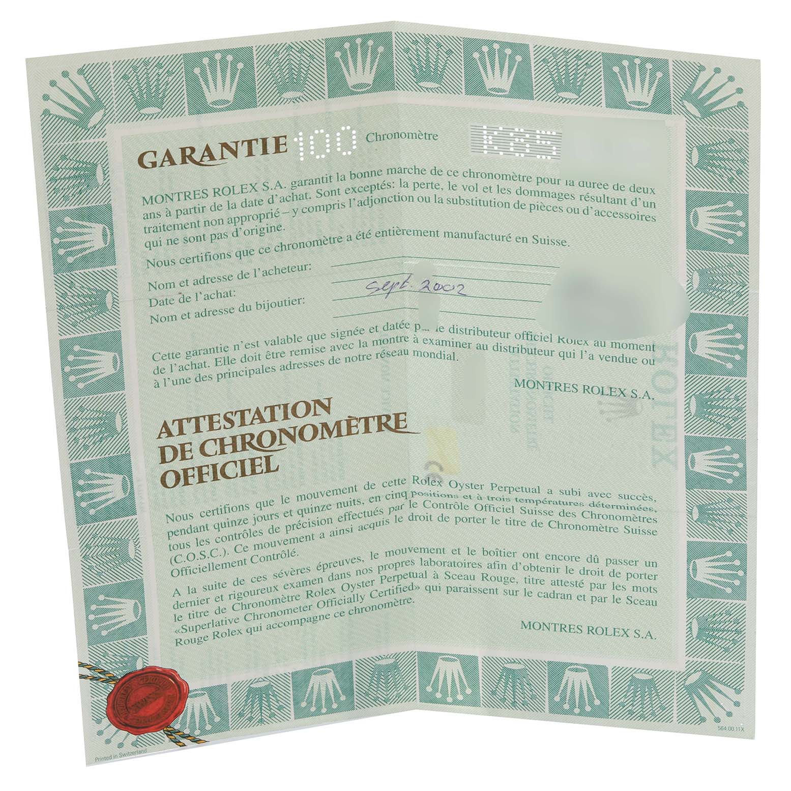 The image shows a certificate of authenticity and warranty for a Yacht-Master model by Rolex, dated September 2002.