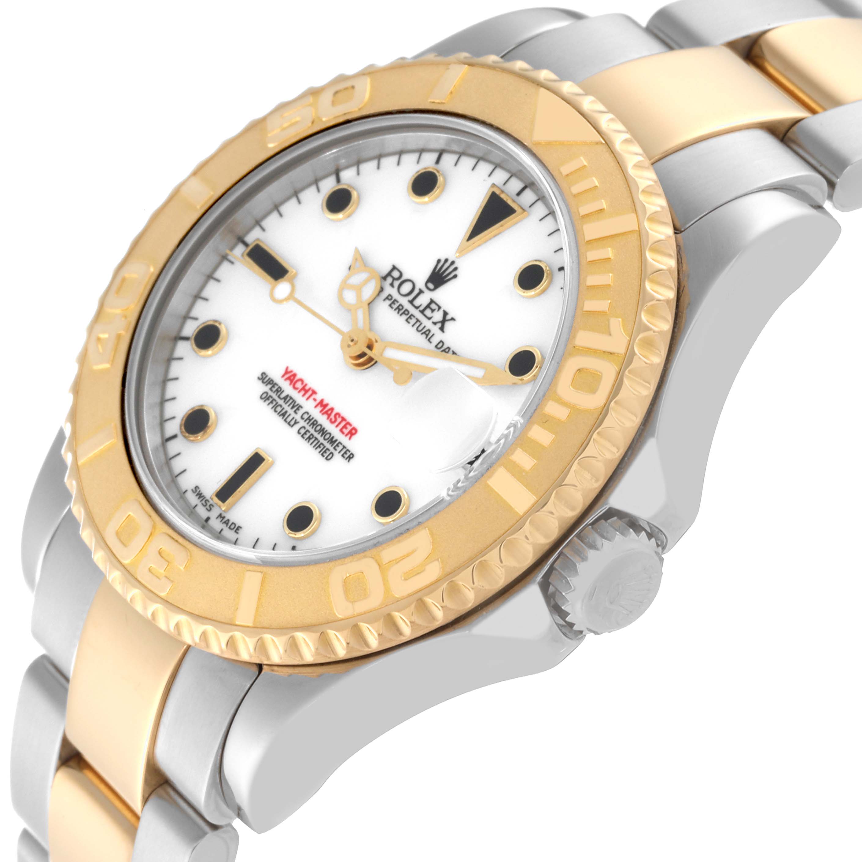The image shows a side angle of the Rolex Yacht-Master 168623 Men's Steel and Gold (two tone) White Dial 168623 Men's Steel and Gold (two tone) White Dial, highlighting the bezel, dial, crown, and two-tone bracelet.