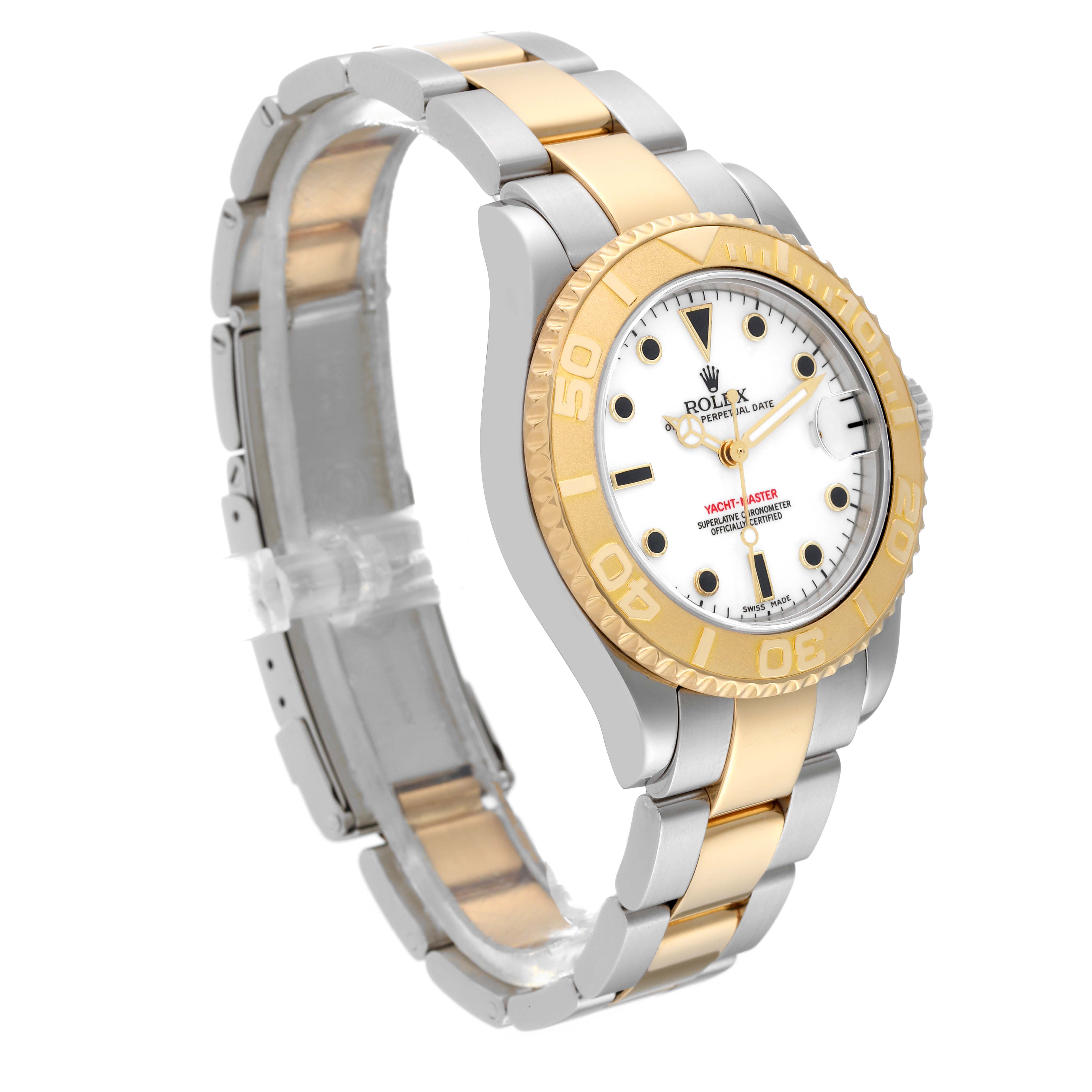 This Rolex Yacht-Master 168623 Men's Steel and Gold (two tone) White Dial 168623 Men's Steel and Gold (two tone) White Dial watch is shown at a three-quarter angle, highlighting its bracelet, bezel, dial, and crown.