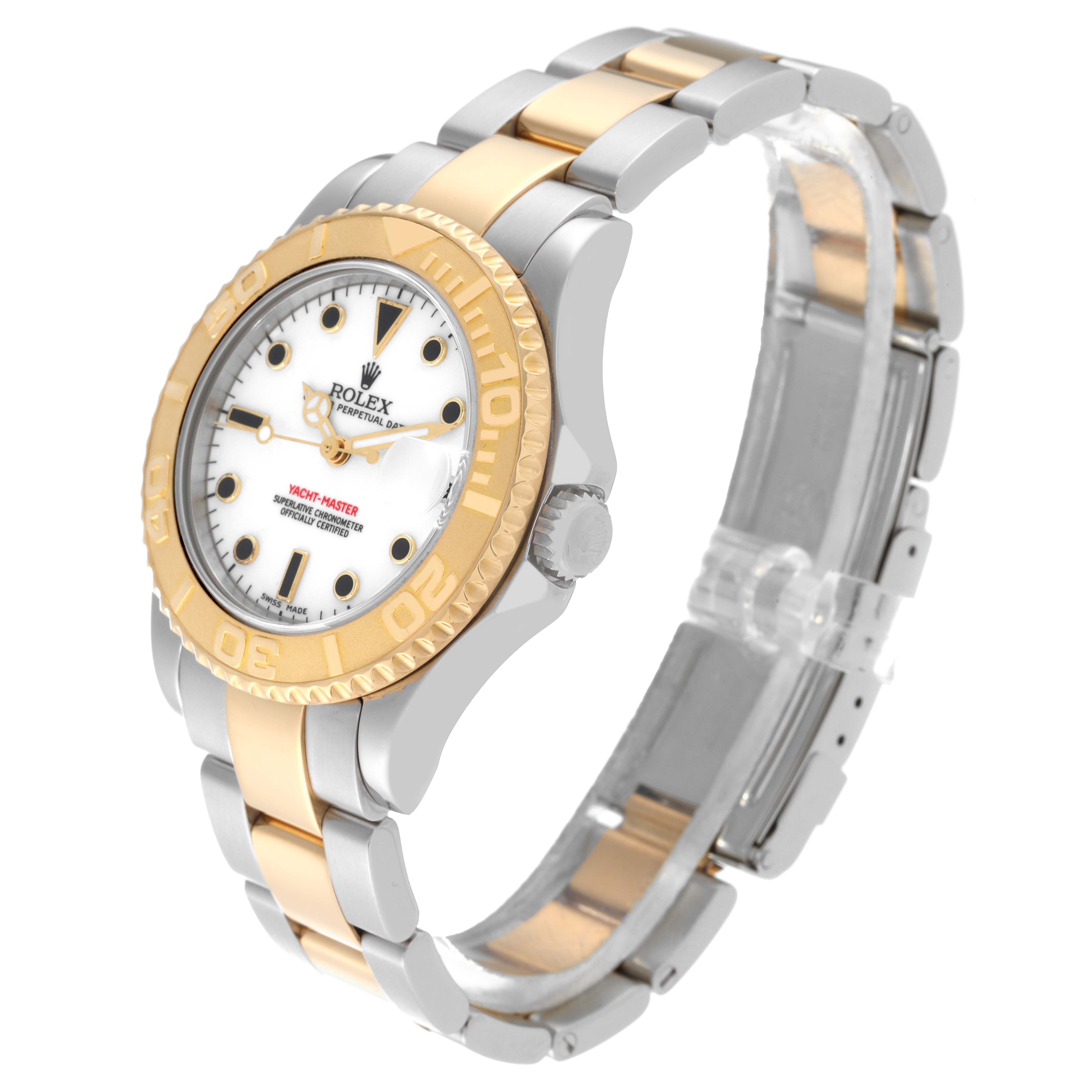 The image shows a Rolex Yacht-Master 168623 Men's Steel and Gold (two tone) White Dial 168623 Men's Steel and Gold (two tone) White Dial watch at a side angle, highlighting its two-tone bracelet, white dial, and gold bezel.