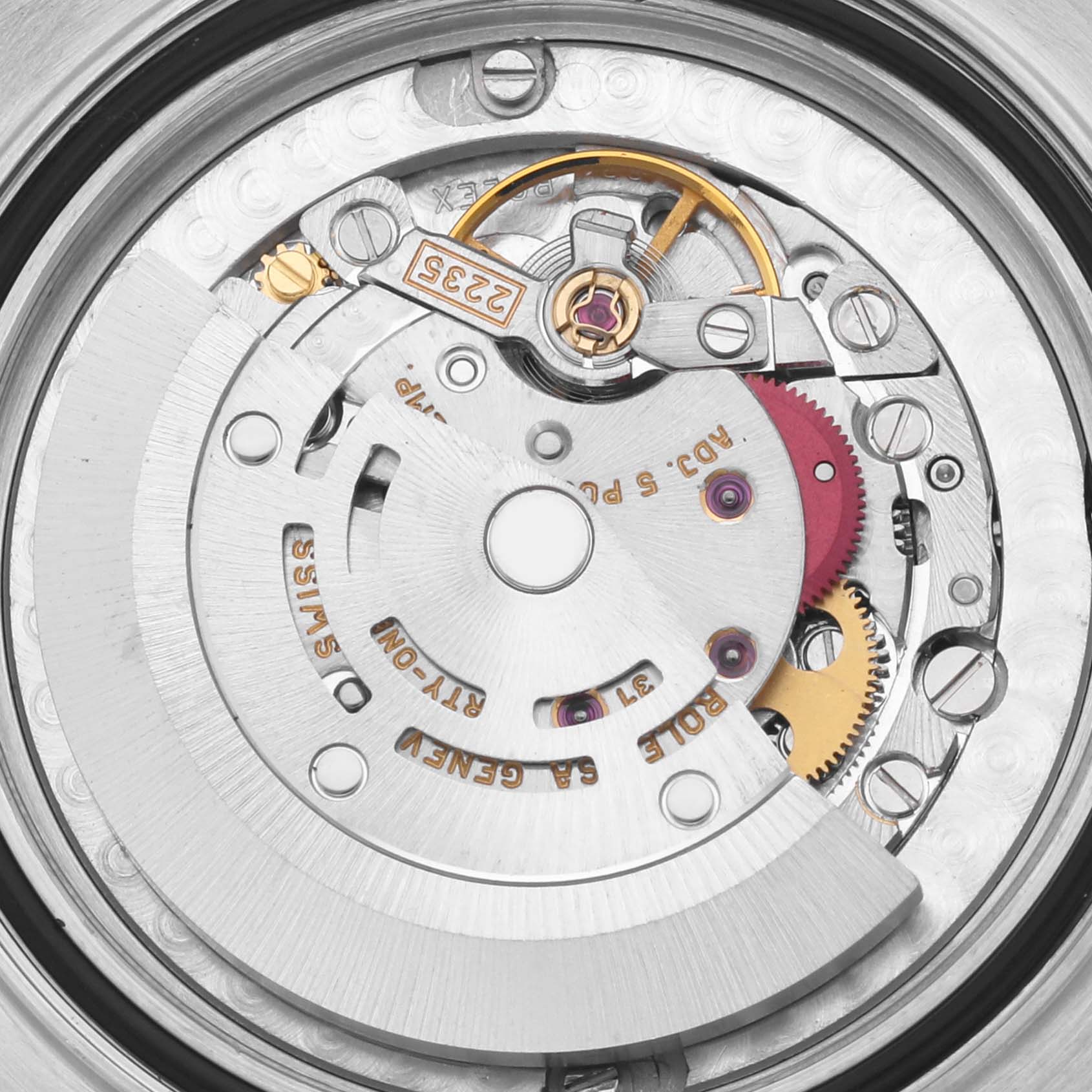 This image shows a close-up of the movement mechanism of a Rolex Yacht-Master 168623 Men's Steel and Gold (two tone) White Dial 168623 Men's Steel and Gold (two tone) White Dial watch.