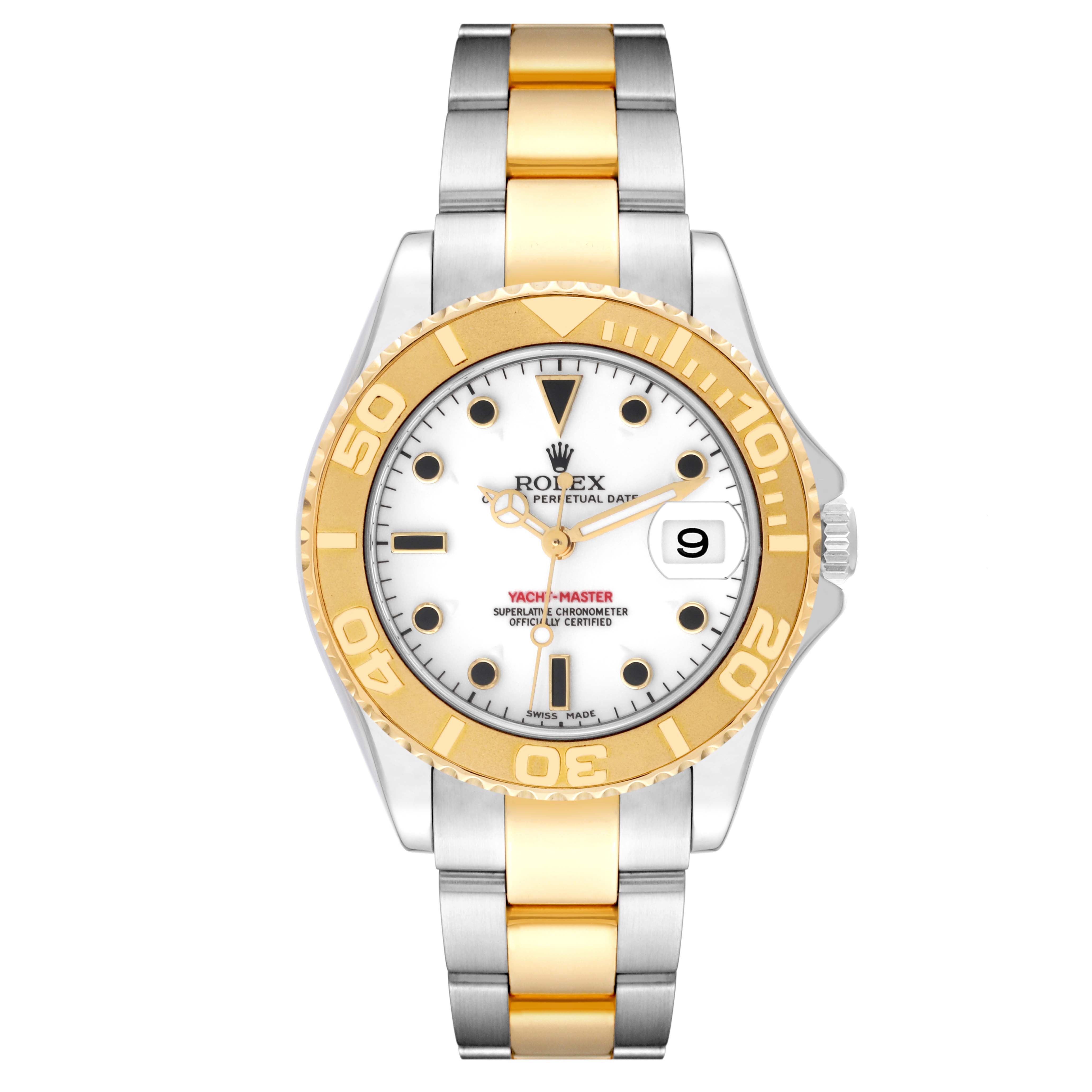 The image shows a front view of the Rolex Yacht-Master 168623 Men's Steel and Gold (two tone) White Dial 168623 Men's Steel and Gold (two tone) White Dial watch, highlighting its dial, bezel, and two-tone bracelet.