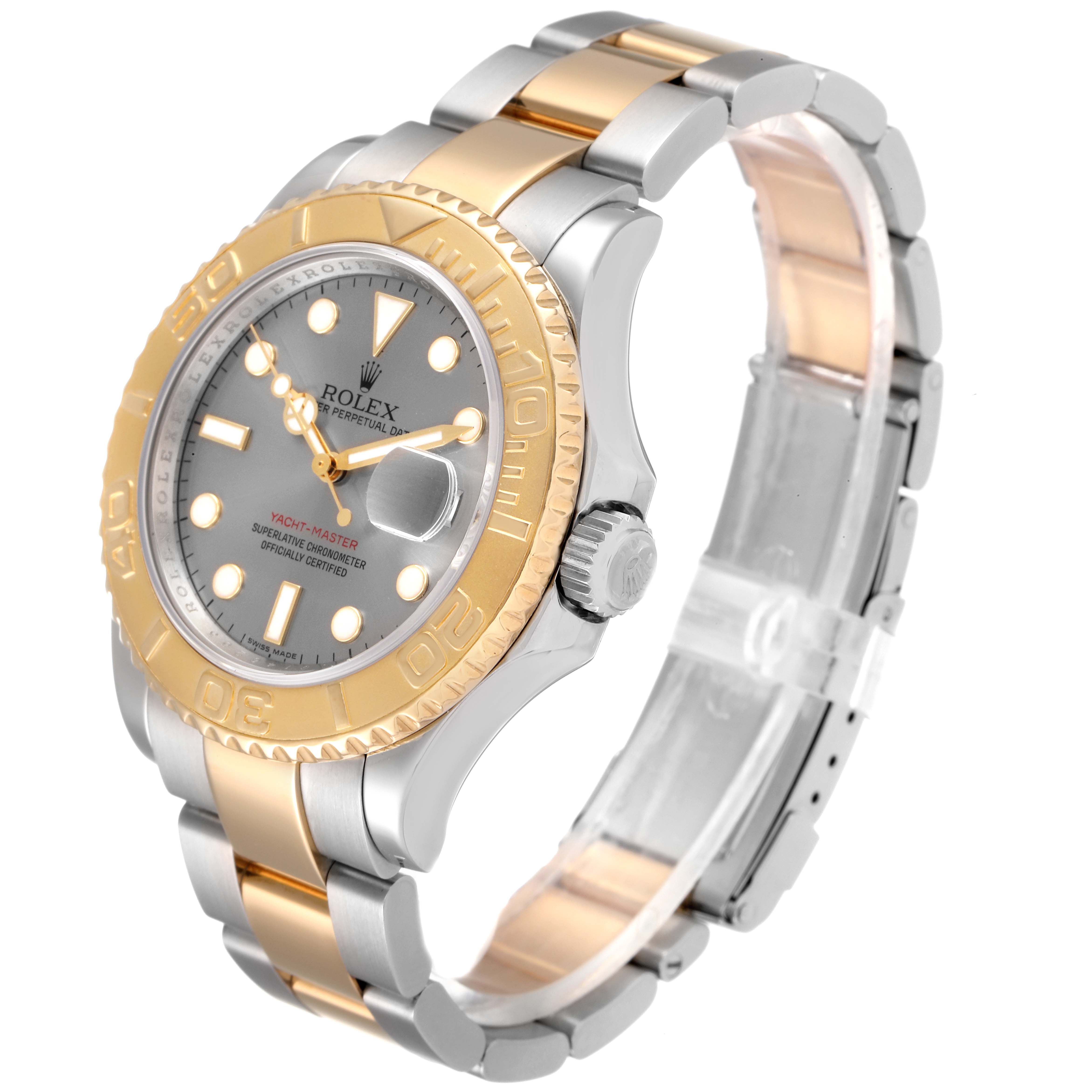 The image shows a side angle view of the Rolex Yacht-Master 16623 Men
s Steel and Gold (two tone) Grey Dial 16623 Men
s Steel and Gold (two tone) Grey Dial watch, displaying its dial, bezel, and bracelet.