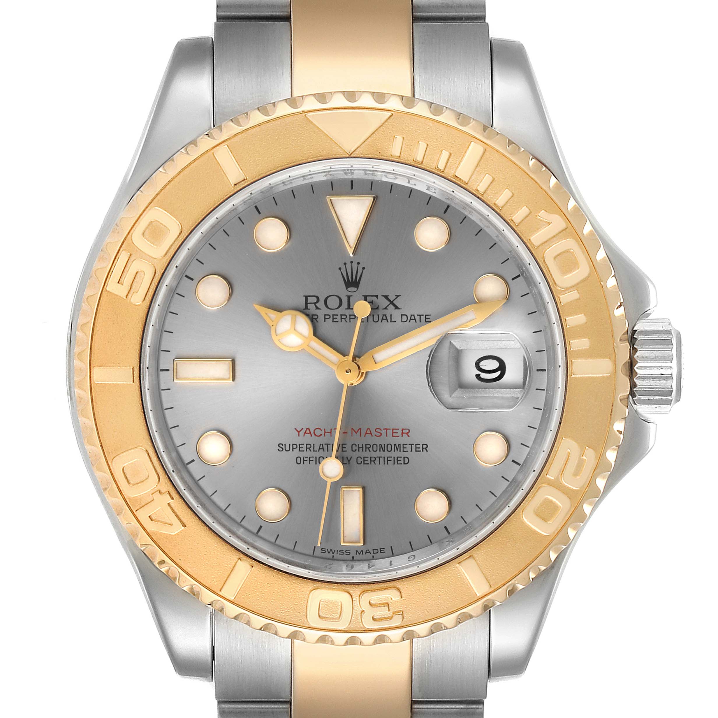 The Rolex Yacht-Master 16623 Men
s Steel and Gold (two tone) Grey Dial 16623 Men
s Steel and Gold (two tone) Grey Dial watch is shown from the front, displaying the dial, bezel, and part of the bracelet.
