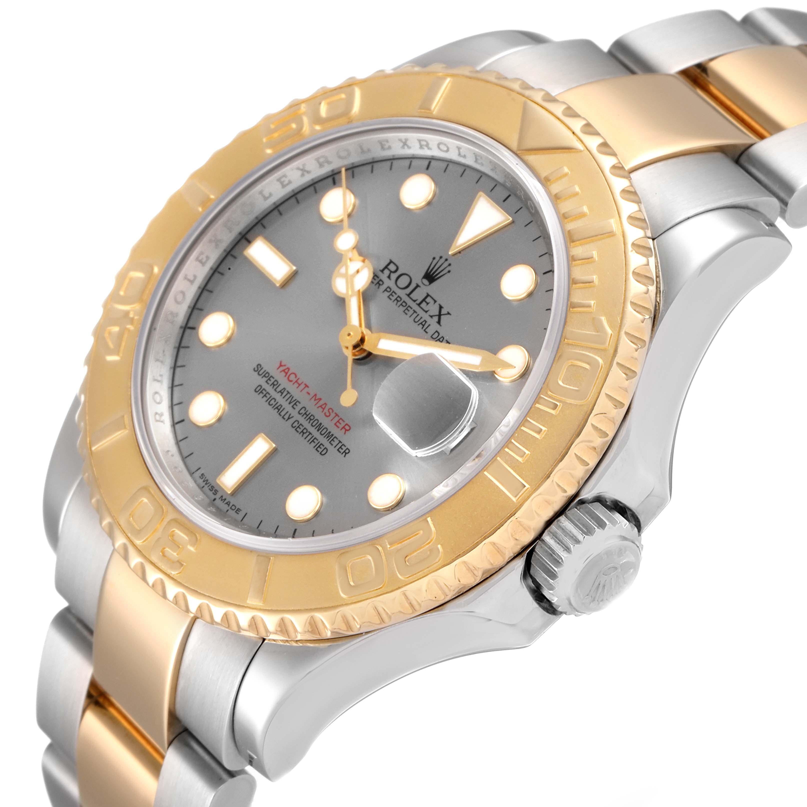 The Rolex Yacht-Master 16623 Men
s Steel and Gold (two tone) Grey Dial 16623 Men
s Steel and Gold (two tone) Grey Dial watch is shown at an angle displaying the face, bezel, crown, and part of the bracelet.