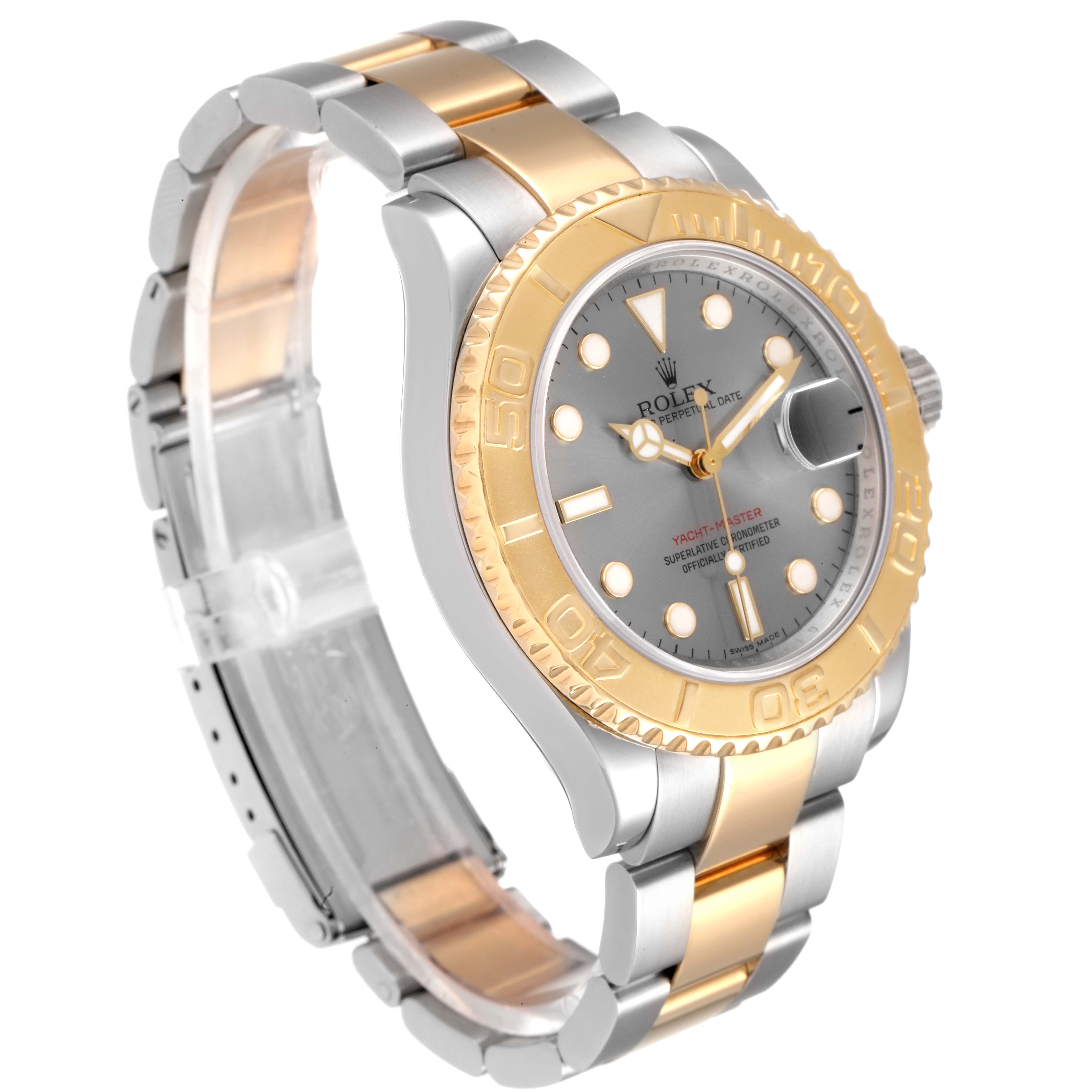 The Rolex Yacht-Master 16623 Men
s Steel and Gold (two tone) Grey Dial 16623 Men
s Steel and Gold (two tone) Grey Dial watch is shown at an angle, highlighting its bi-color bracelet, bezel, and dial with gold accents and markers.