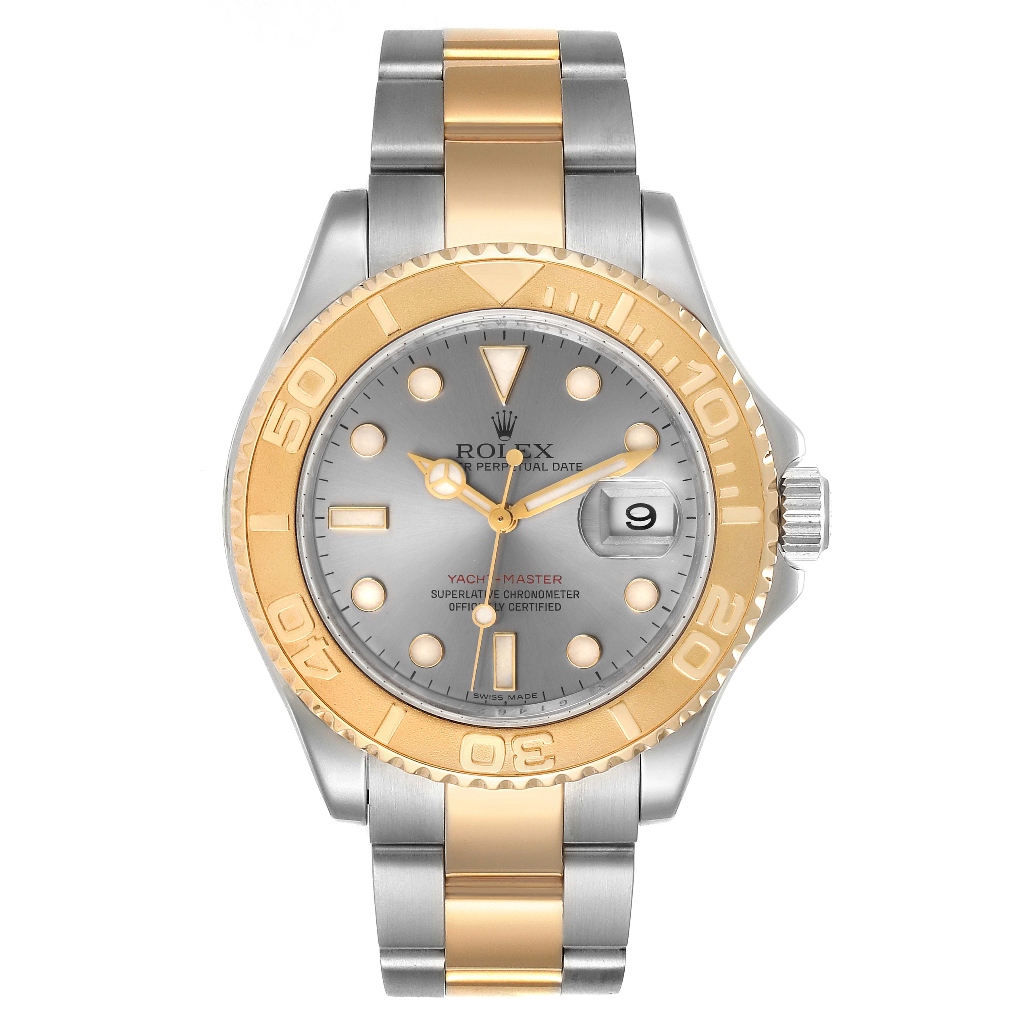 The image depicts a front view of a Rolex Yacht-Master 16623 Men
s Steel and Gold (two tone) Grey Dial 16623 Men
s Steel and Gold (two tone) Grey Dial with a gold bezel and two-tone bracelet.