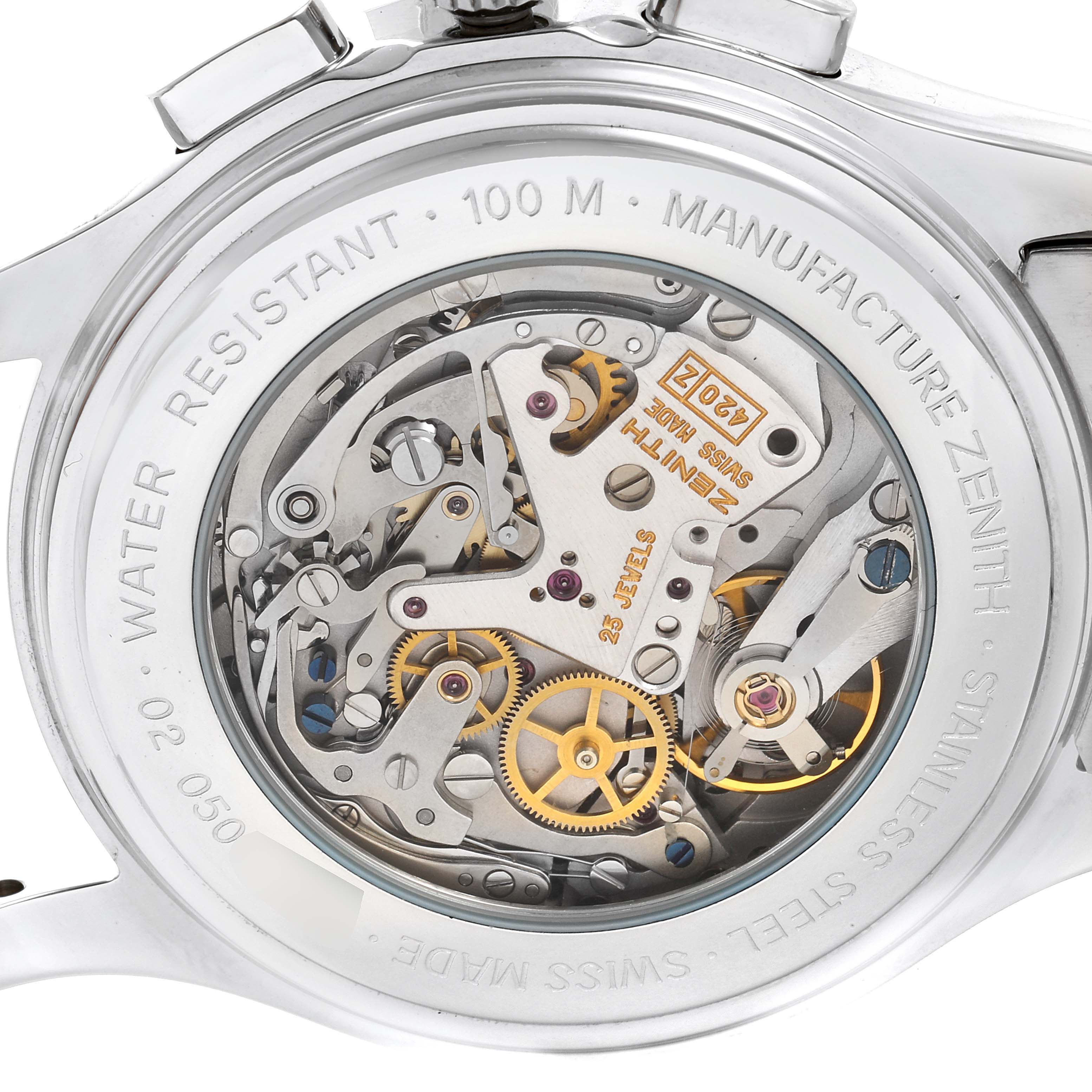 The image shows the caseback view of the Zenith El Primero 02.0500.420 Men's Stainless Steel Black Dial 02.0500.420 Men's Stainless Steel Black Dial watch, revealing its intricate movement and inner mechanical components.