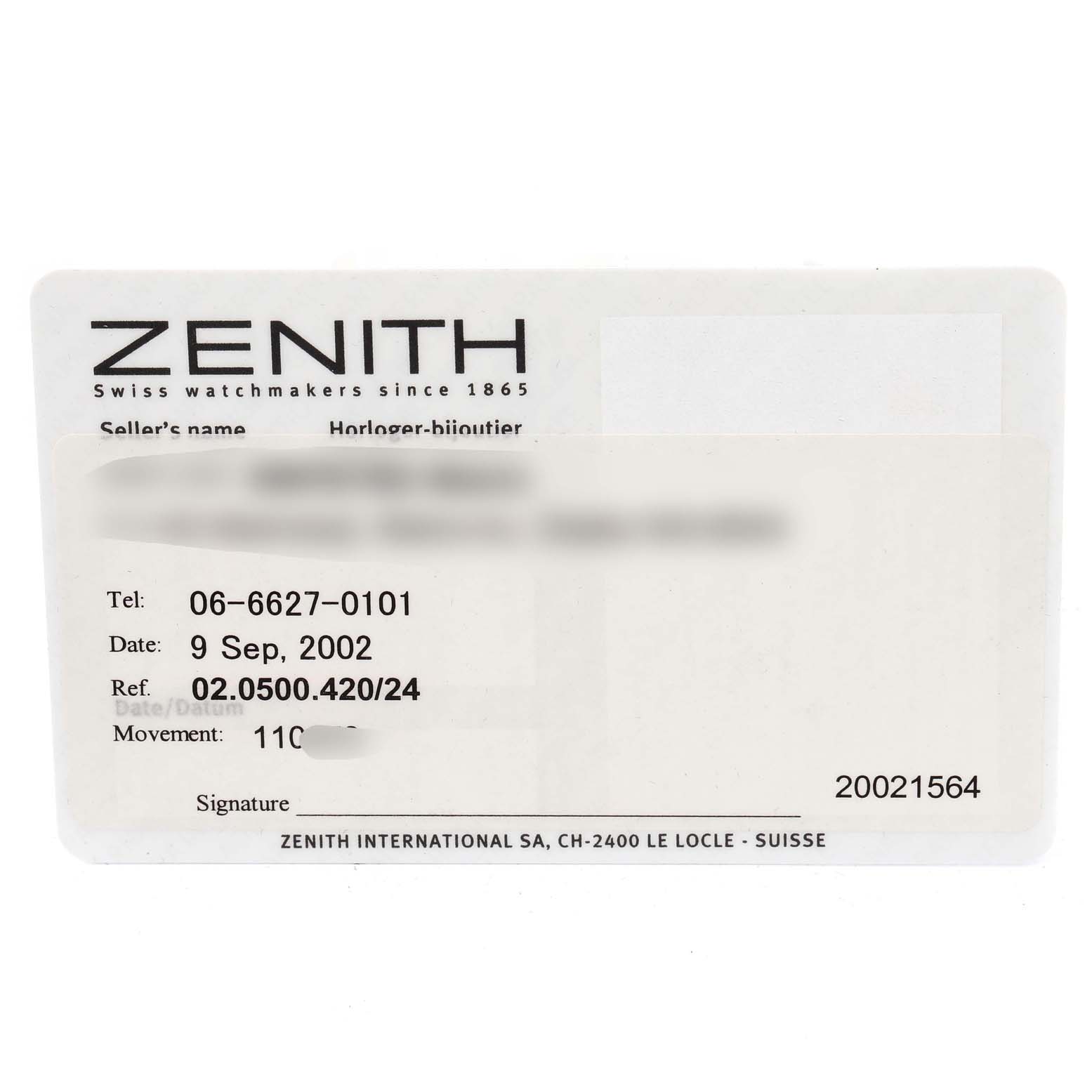 The image shows a warranty card for the Zenith El Primero 02.0500.420 Men's Stainless Steel Black Dial 02.0500.420 Men's Stainless Steel Black Dial watch model, including details such as date, reference number, and seller.