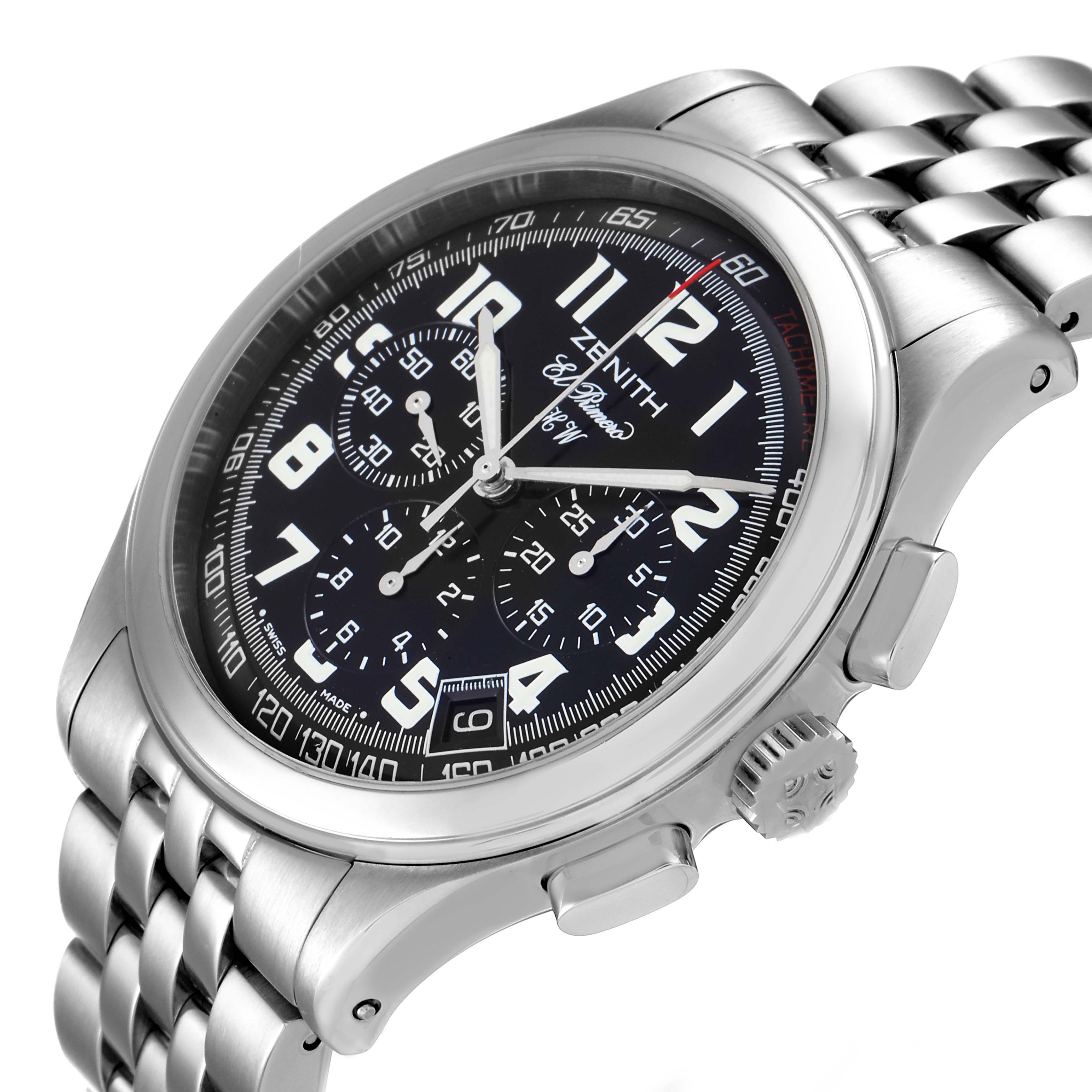 The image shows a Zenith El Primero 02.0500.420 Men's Stainless Steel Black Dial 02.0500.420 Men's Stainless Steel Black Dial watch at a slight angle, highlighting its dial, crown, pushers, and metal bracelet.