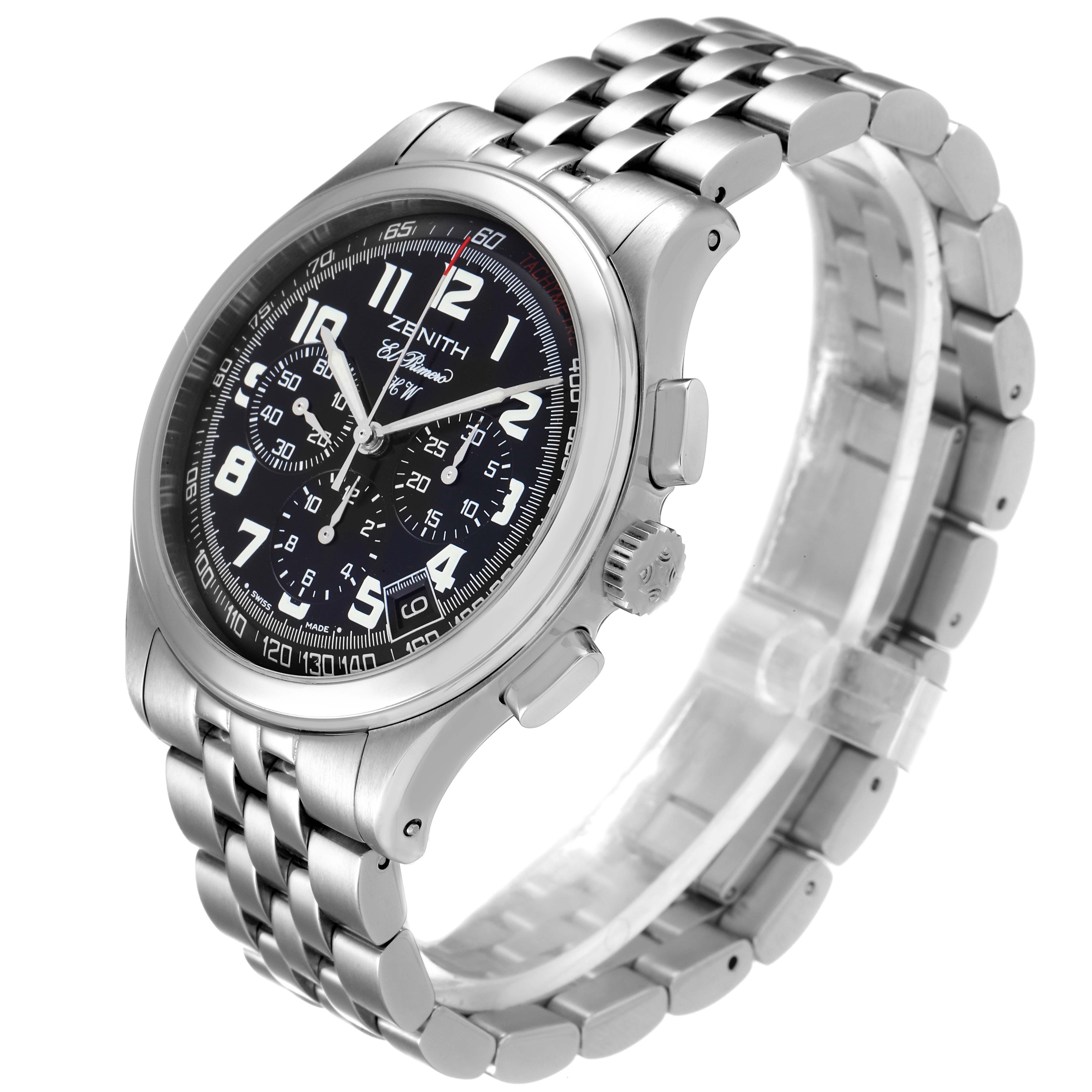 The image shows a Zenith El Primero 02.0500.420 Men's Stainless Steel Black Dial 02.0500.420 Men's Stainless Steel Black Dial watch at a three-quarter angle, displaying the face, crown, and stainless steel bracelet.