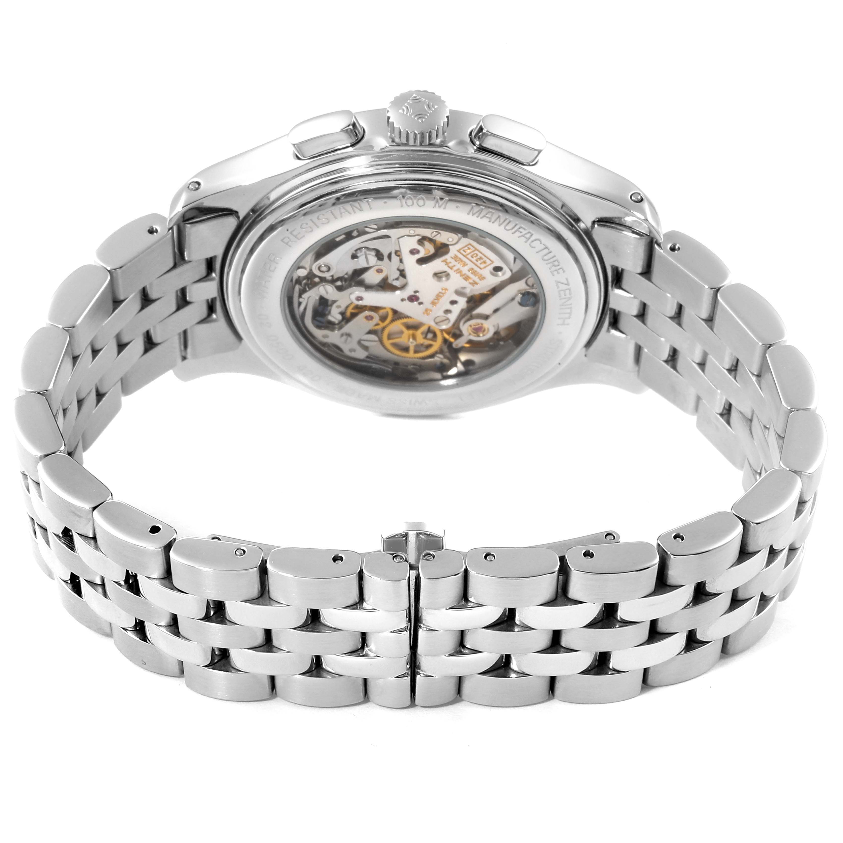 The image shows the back angle of the Zenith El Primero 02.0500.420 Men's Stainless Steel Black Dial 02.0500.420 Men's Stainless Steel Black Dial watch, highlighting its stainless steel bracelet and exposed movement.