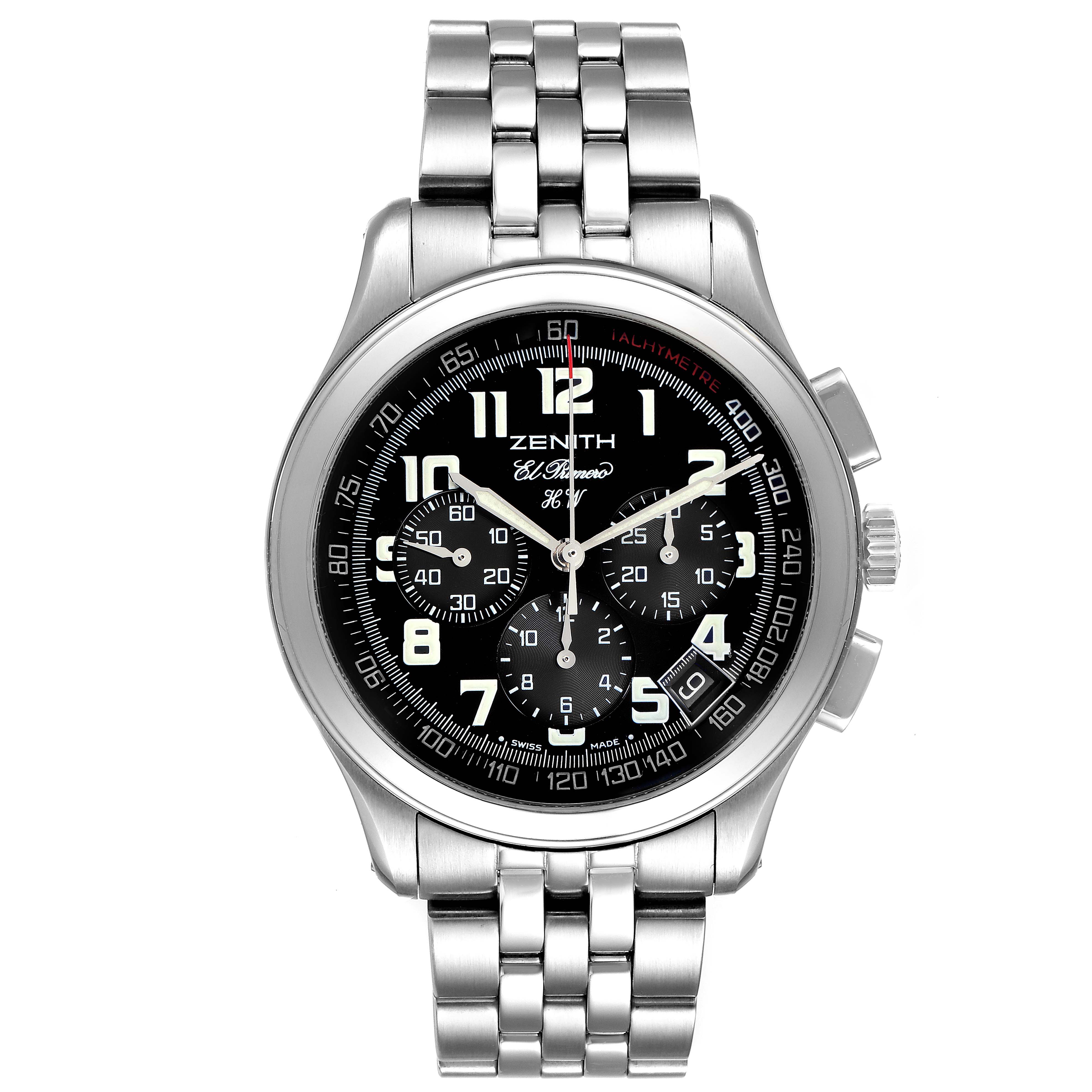 The image shows a Zenith El Primero 02.0500.420 Men's Stainless Steel Black Dial 02.0500.420 Men's Stainless Steel Black Dial watch from a front angle, displaying its face, bracelet, and side buttons.