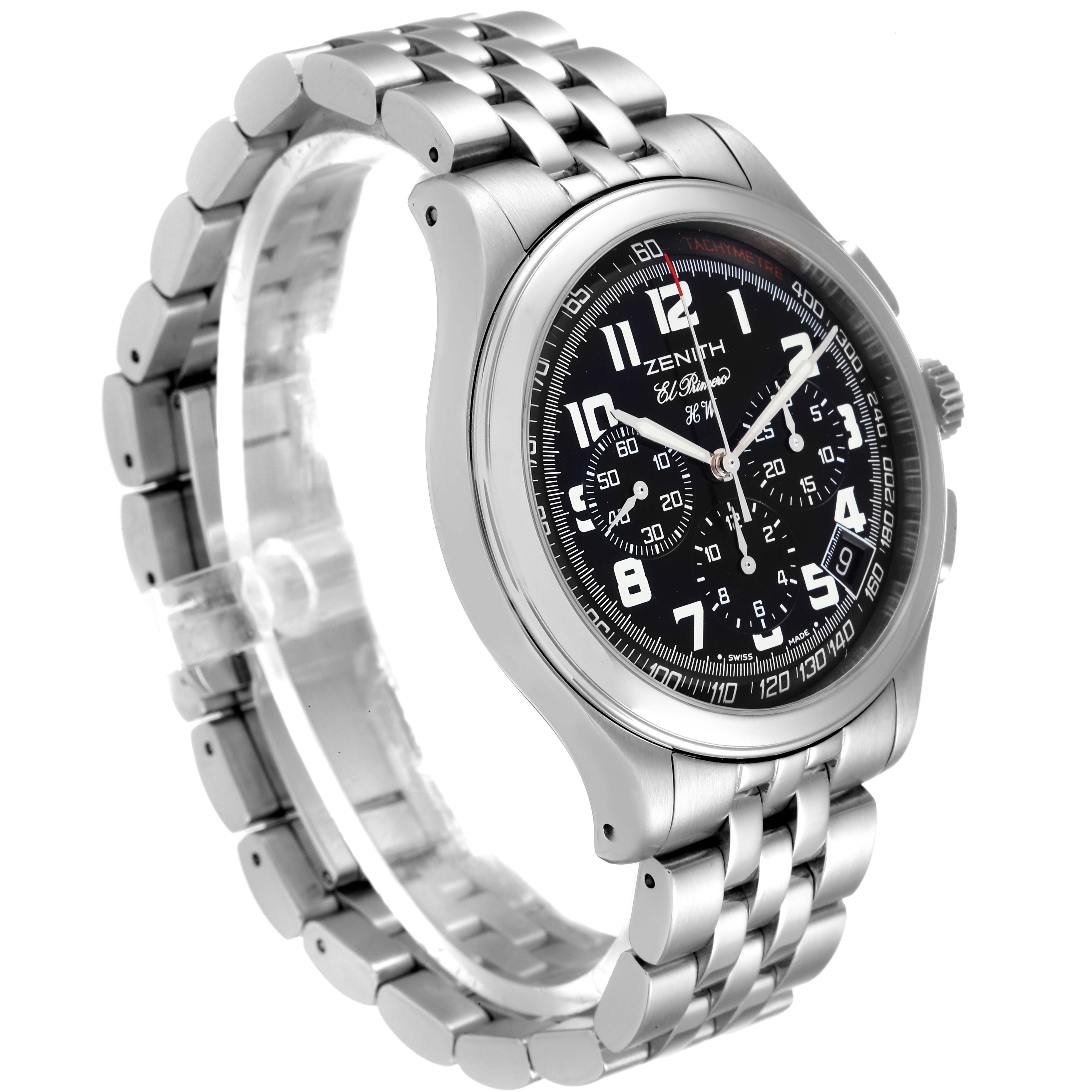 The Zenith El Primero 02.0500.420 Men's Stainless Steel Black Dial 02.0500.420 Men's Stainless Steel Black Dial watch is shown at a slight angle, displaying its face, bezel, and metal bracelet.