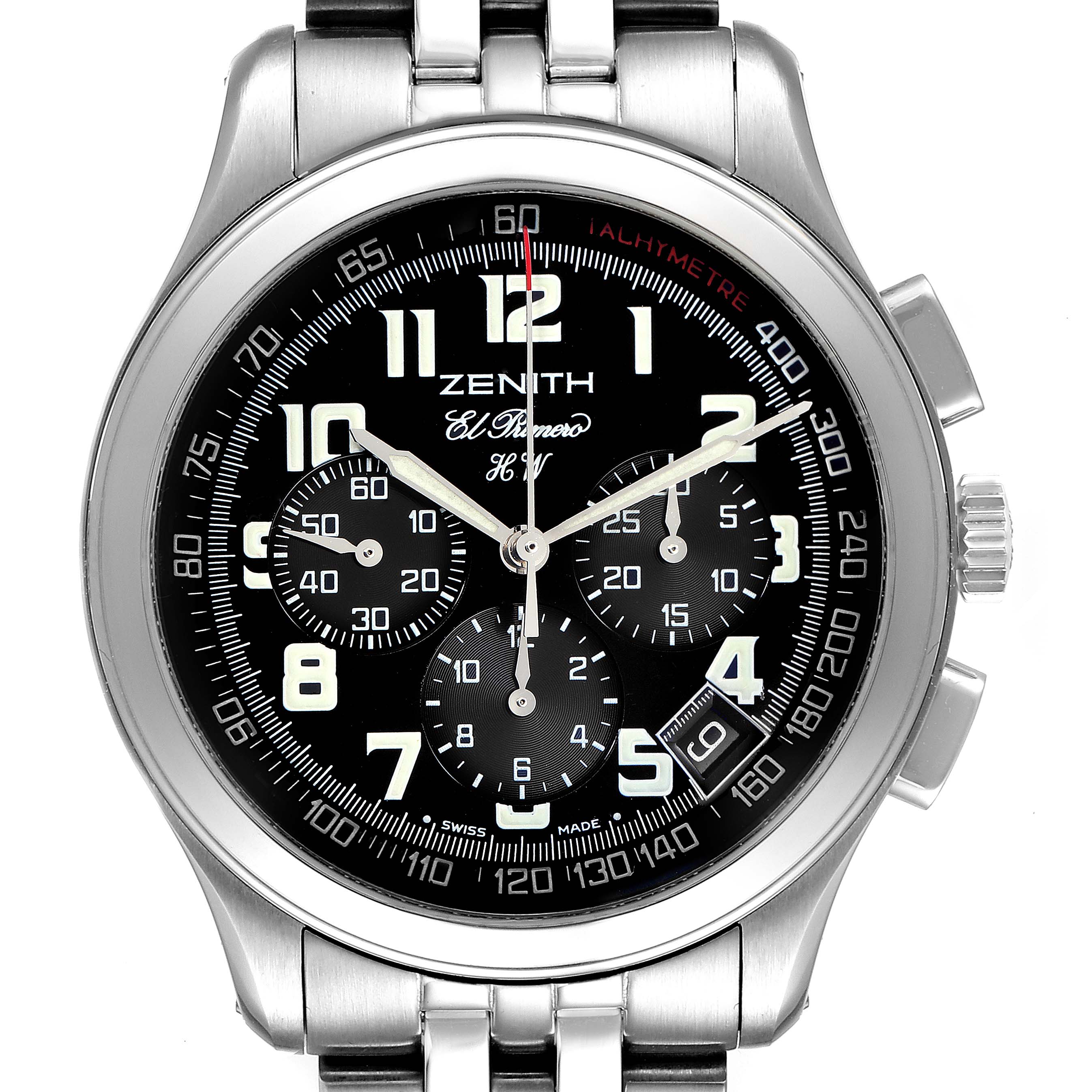 The image shows a front view of the Zenith El Primero 02.0500.420 Men's Stainless Steel Black Dial 02.0500.420 Men's Stainless Steel Black Dial watch, displaying its dial, hands, subdials, crown, and part of the bracelet.