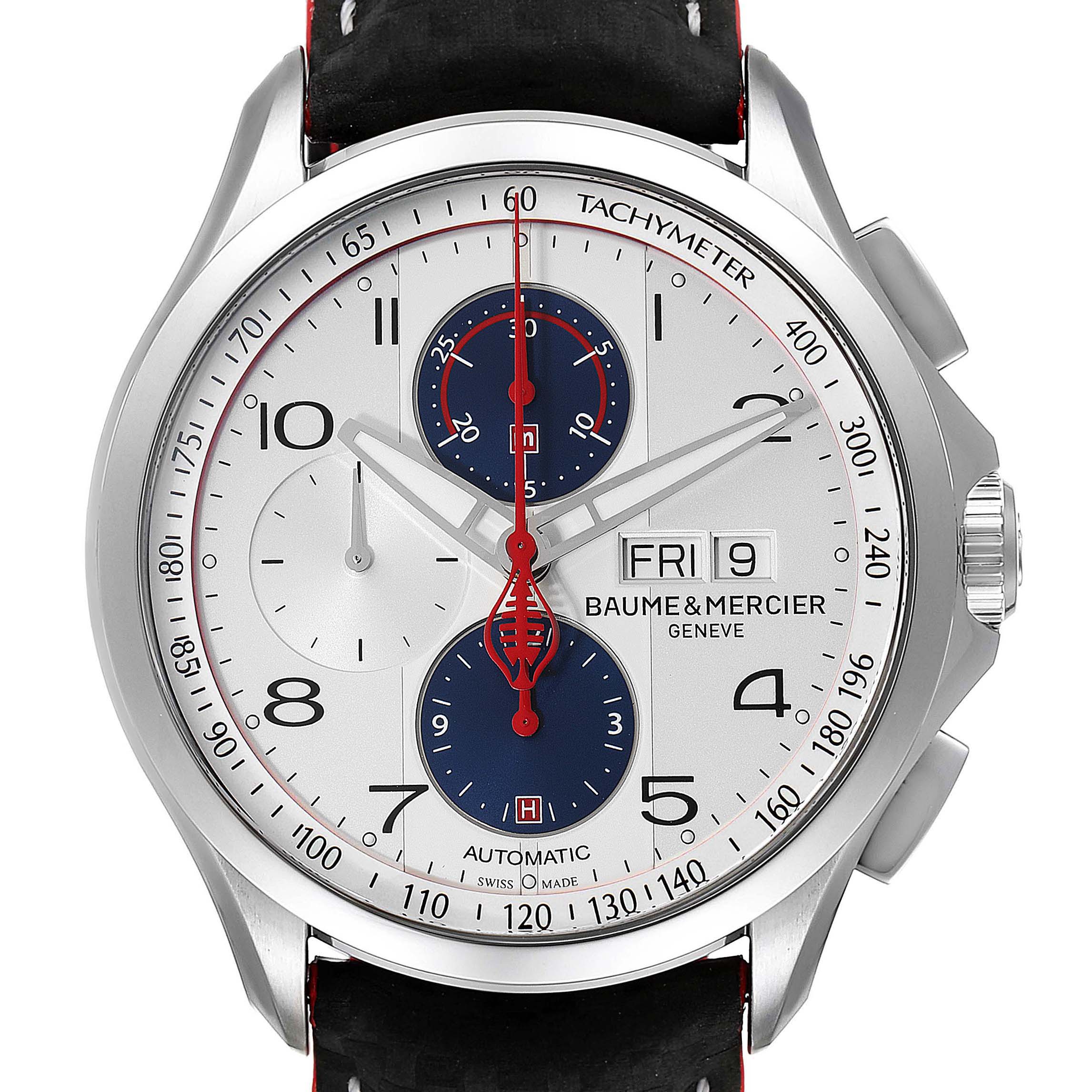 The image shows a frontal view of the Clifton model by Baume & Mercier, highlighting the dial and tachymeter.