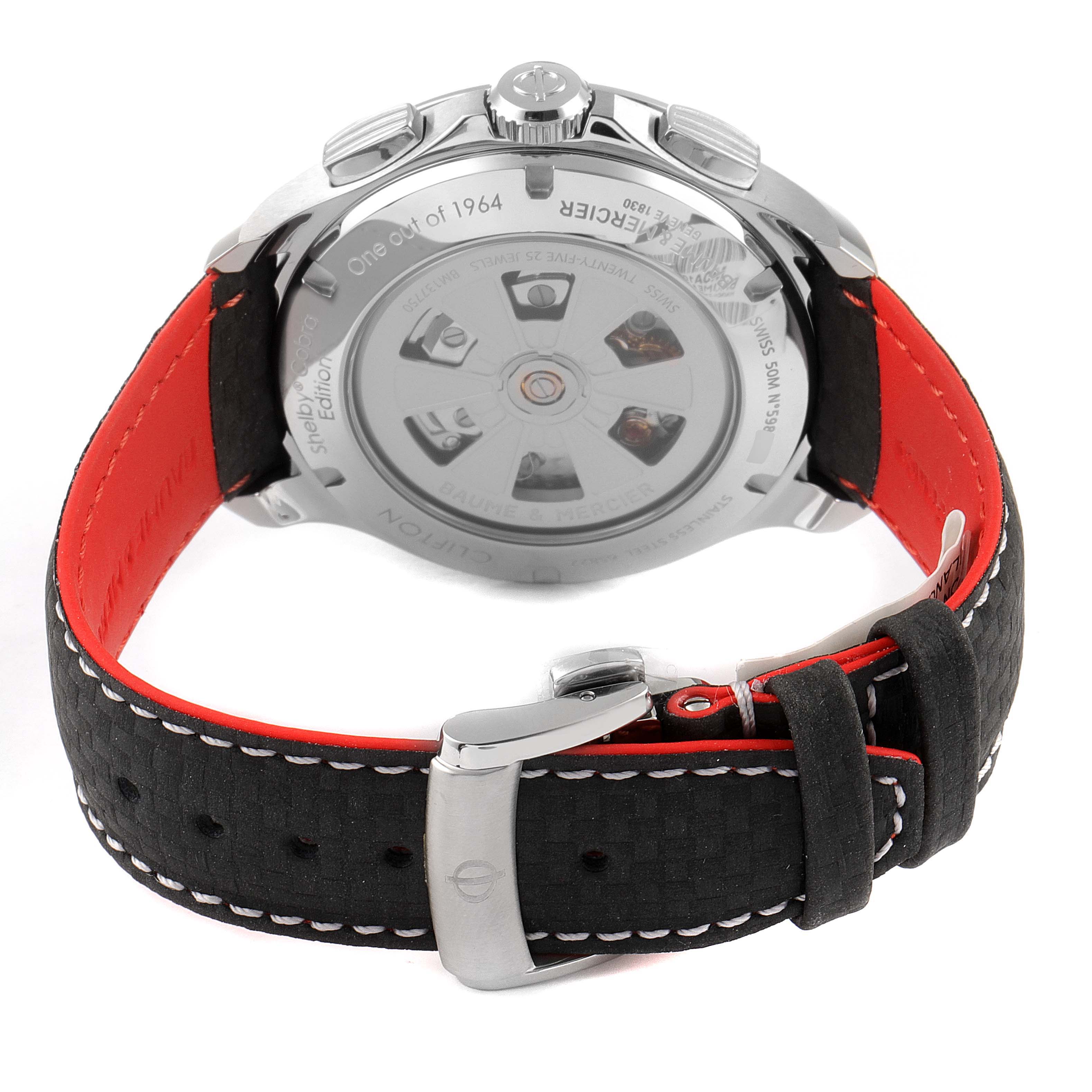 The image shows the back view of a Baume & Mercier Clifton M0A10342 Men's Stainless Steel Silver Dial M0A10342 Men's Stainless Steel Silver Dial model watch with a focus on the strap and case back.