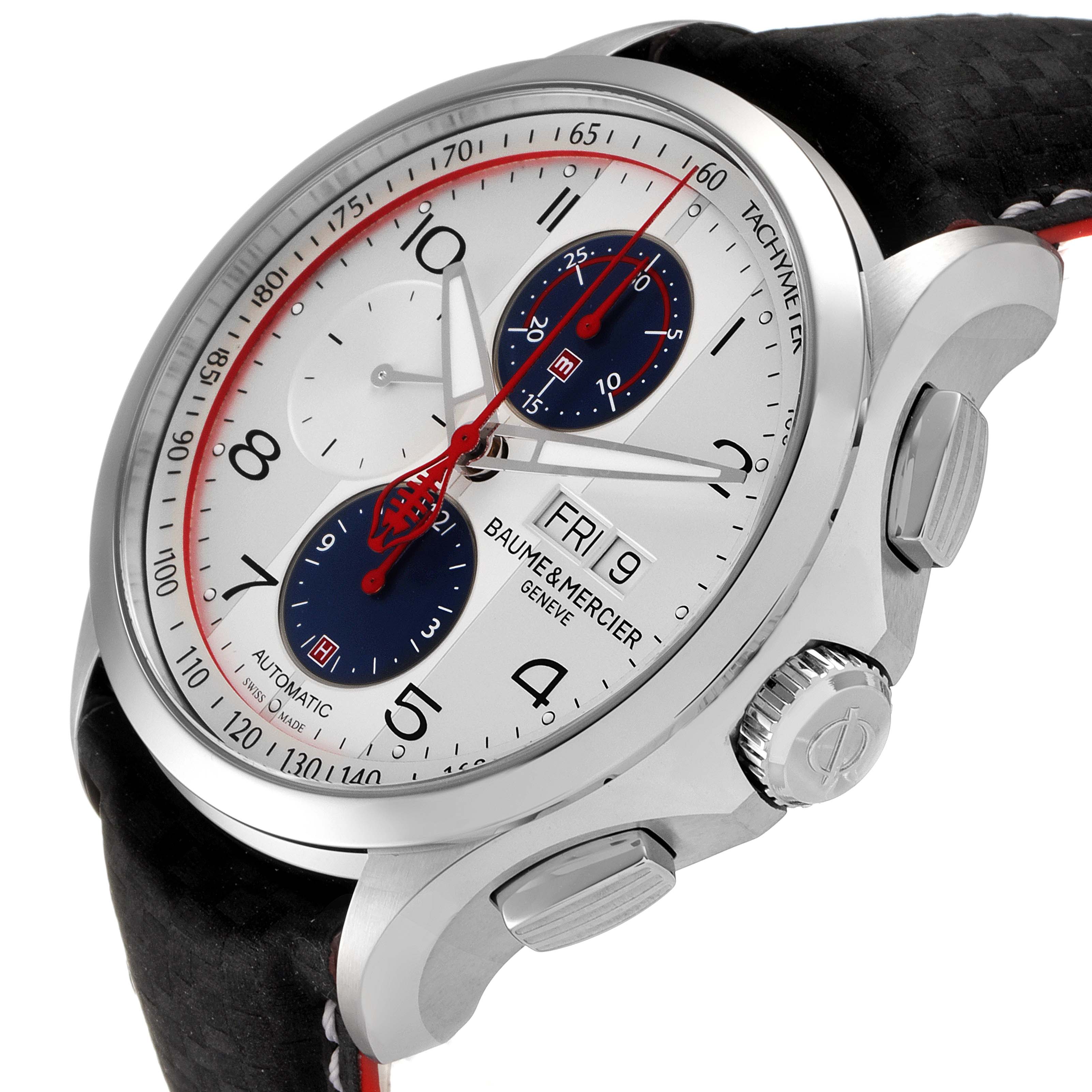 The Baume & Mercier Clifton M0A10342 Men's Stainless Steel Silver Dial M0A10342 Men's Stainless Steel Silver Dial watch is shown from an angled side view, displaying the dial, crown, and pushers.