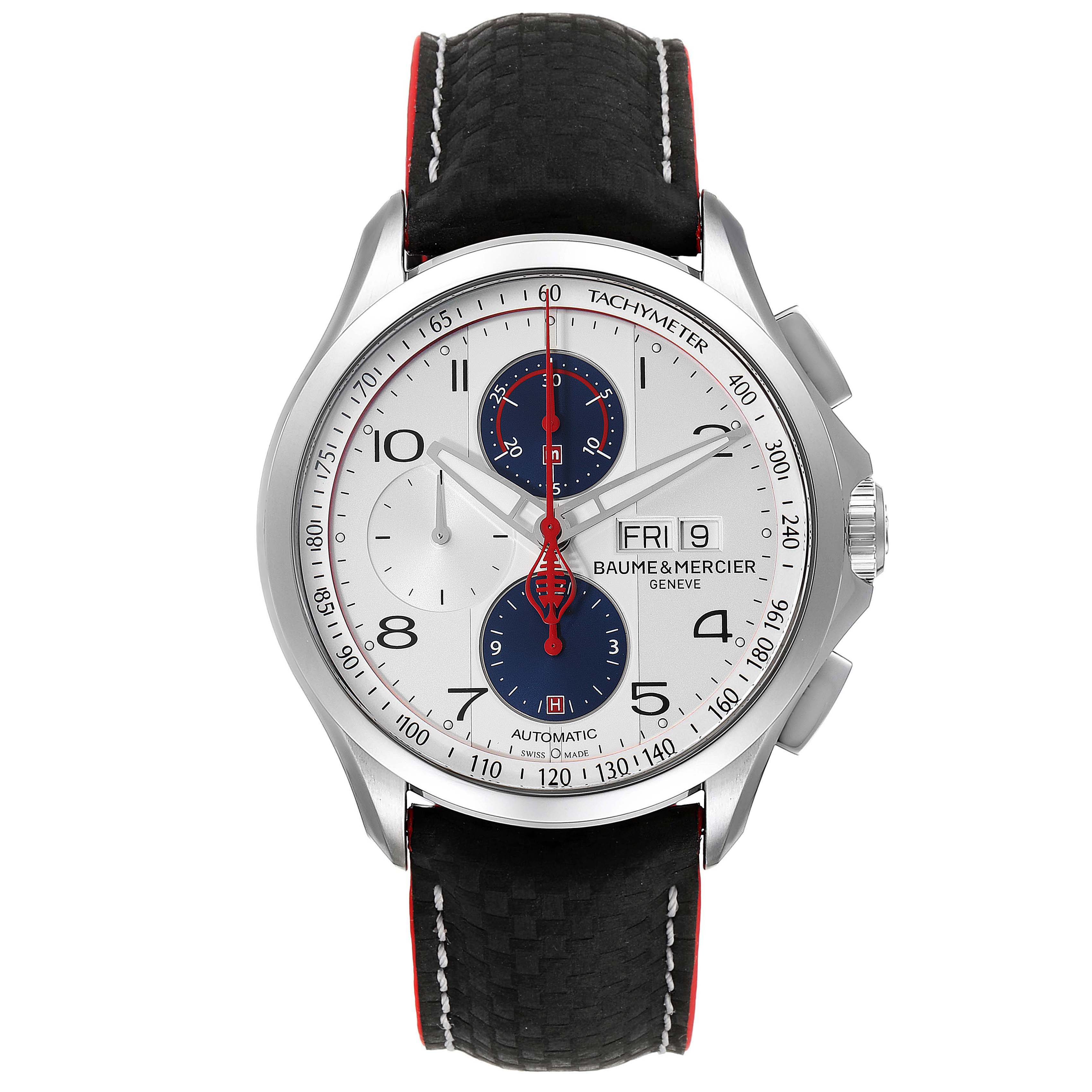 The Baume & Mercier Clifton M0A10342 Men's Stainless Steel Silver Dial M0A10342 Men's Stainless Steel Silver Dial watch is shown from the front, displaying its dial, chronograph sub-dials, and leather strap.