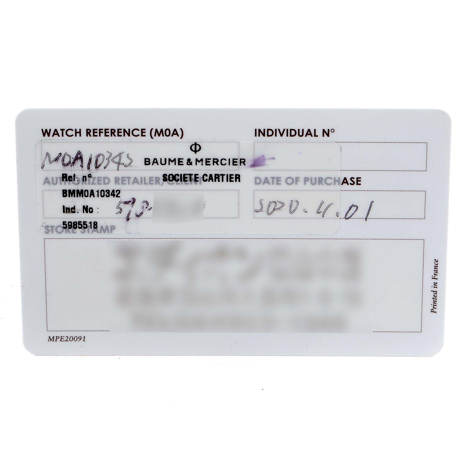 This image shows a warranty card for the Baume & Mercier Clifton M0A10342 Men's Stainless Steel Silver Dial M0A10342 Men's Stainless Steel Silver Dial model, viewed from the front.