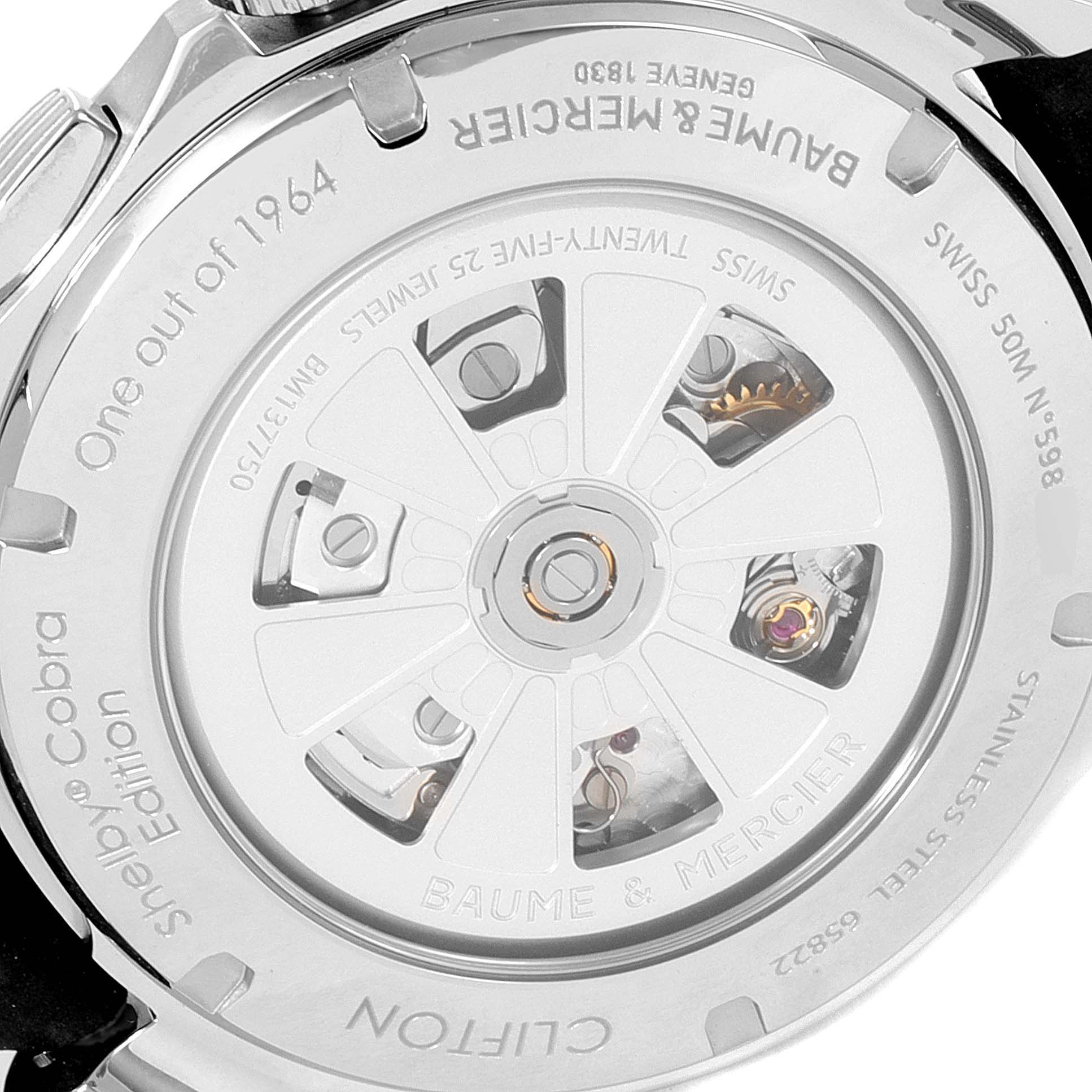 This image shows the back side of a Baume & Mercier Clifton M0A10342 Men's Stainless Steel Silver Dial M0A10342 Men's Stainless Steel Silver Dial model watch, showcasing its transparent case back and internal mechanics.