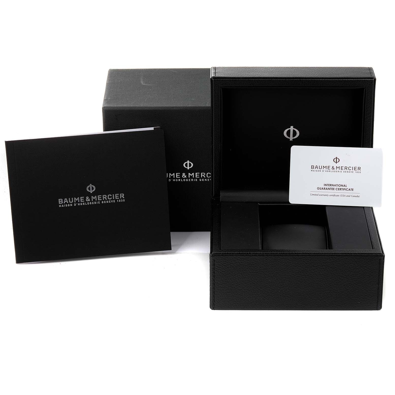 This image shows the box, booklet, and warranty card for a Baume & Mercier Clifton M0A10342 Men's Stainless Steel Silver Dial M0A10342 Men's Stainless Steel Silver Dial model watch.