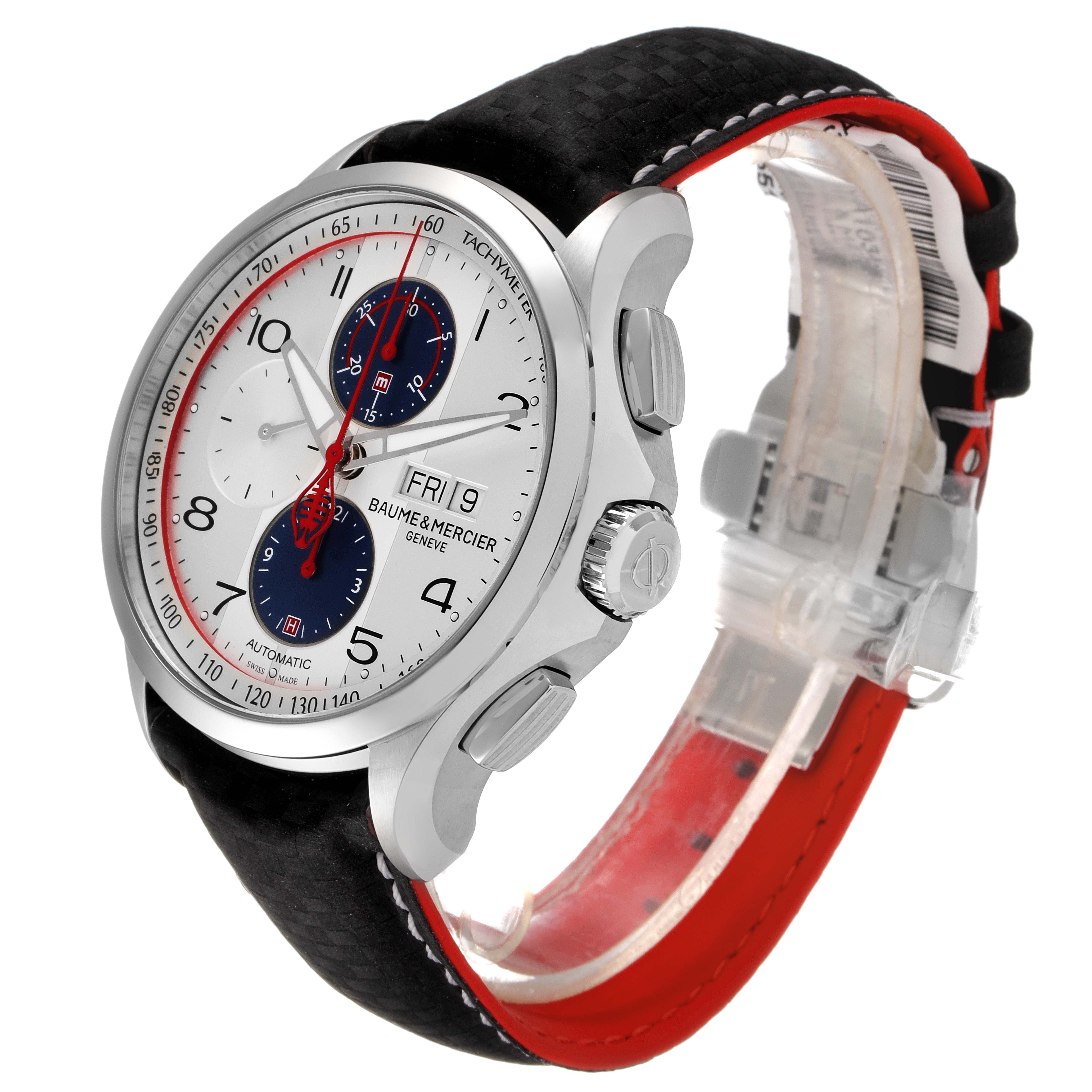 The Baume & Mercier Clifton M0A10342 Men's Stainless Steel Silver Dial M0A10342 Men's Stainless Steel Silver Dial watch is shown at a three-quarter angle, highlighting its face, bezel, crown, pushers, and strap.