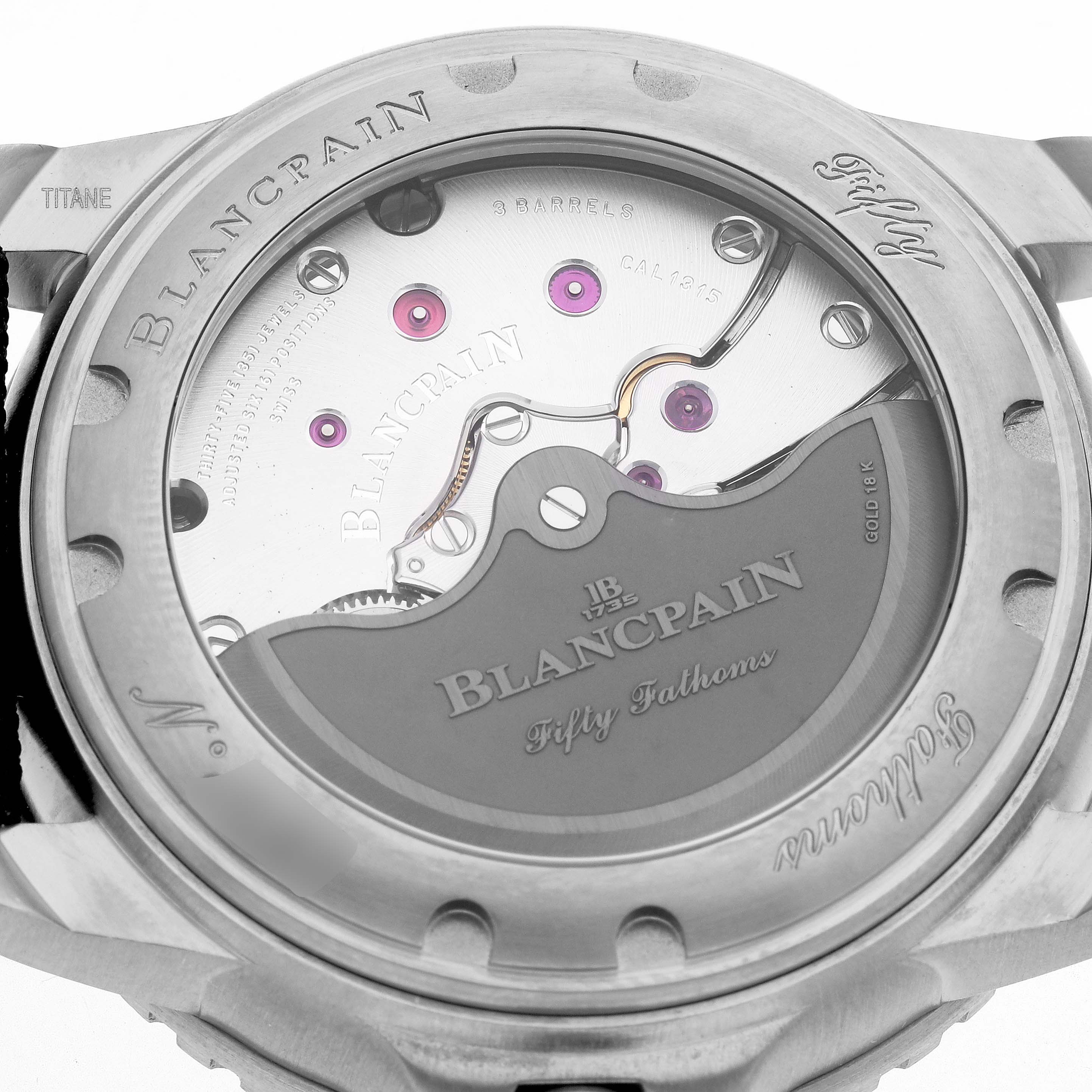 The image shows the case back of a Blancpain Fifty Fathoms 5015-12B30 Men
s Titanium Black Dial 5015-12B30 Men
s Titanium Black Dial watch, displaying the movement and rotor.
