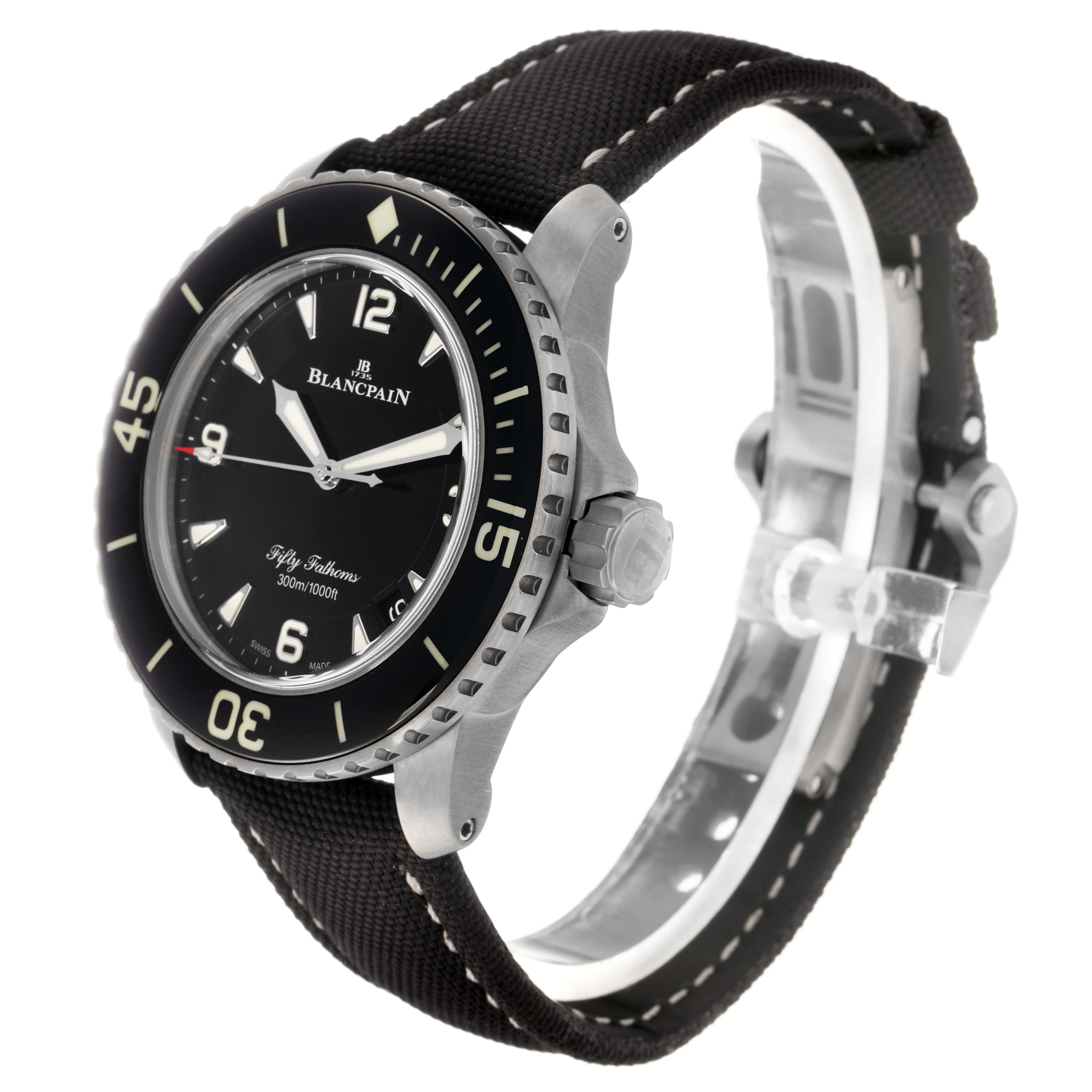 The Blancpain Fifty Fathoms 5015-12B30 Men
s Titanium Black Dial 5015-12B30 Men
s Titanium Black Dial watch is shown at a slight side angle, displaying its bezel, dial, and strap.