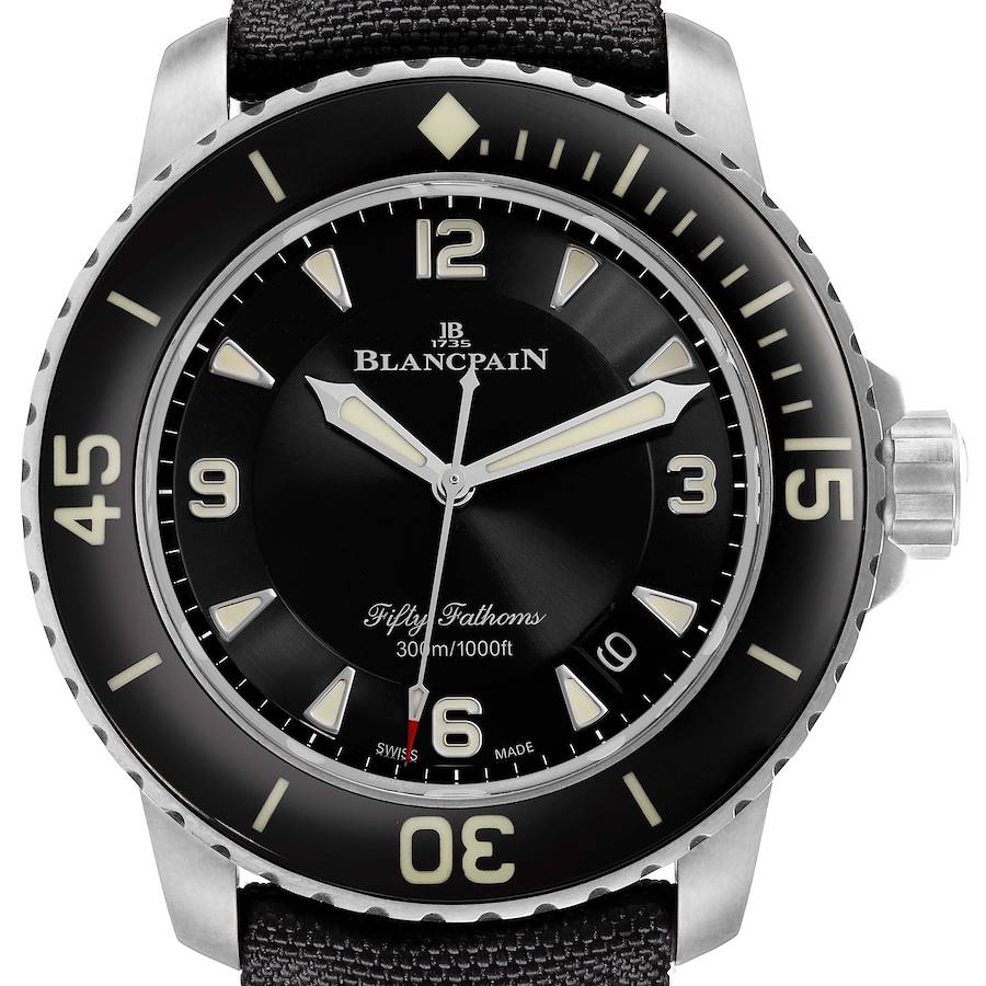 The image shows a frontal view of the Blancpain Fifty Fathoms watch, highlighting the dial, bezel, and crown.